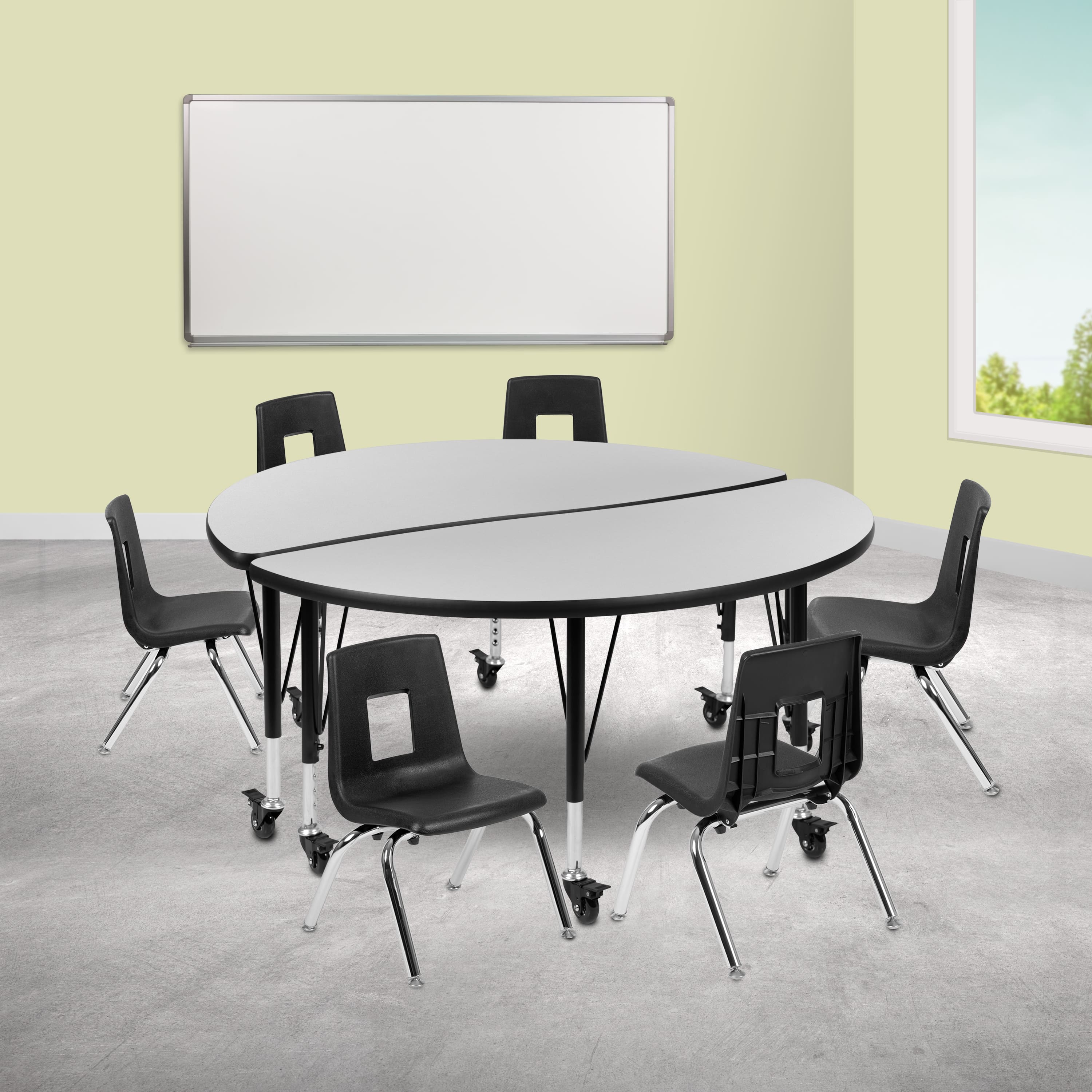 "Emma + Oliver - Mobile 47.5"" Circle Wave Collaborative Laminate Activity Table Set with 12"" Student Stack Chairs, Grey/Black - Gray" price history on PriceWatchPro