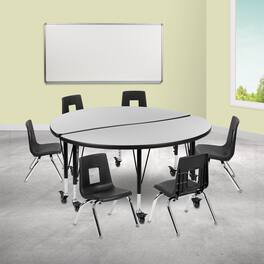 Emma + Oliver - Mobile 47.5" Circle Wave Collaborative Laminate Activity Table Set with 12" Student Stack Chairs, Grey/Black - Gray