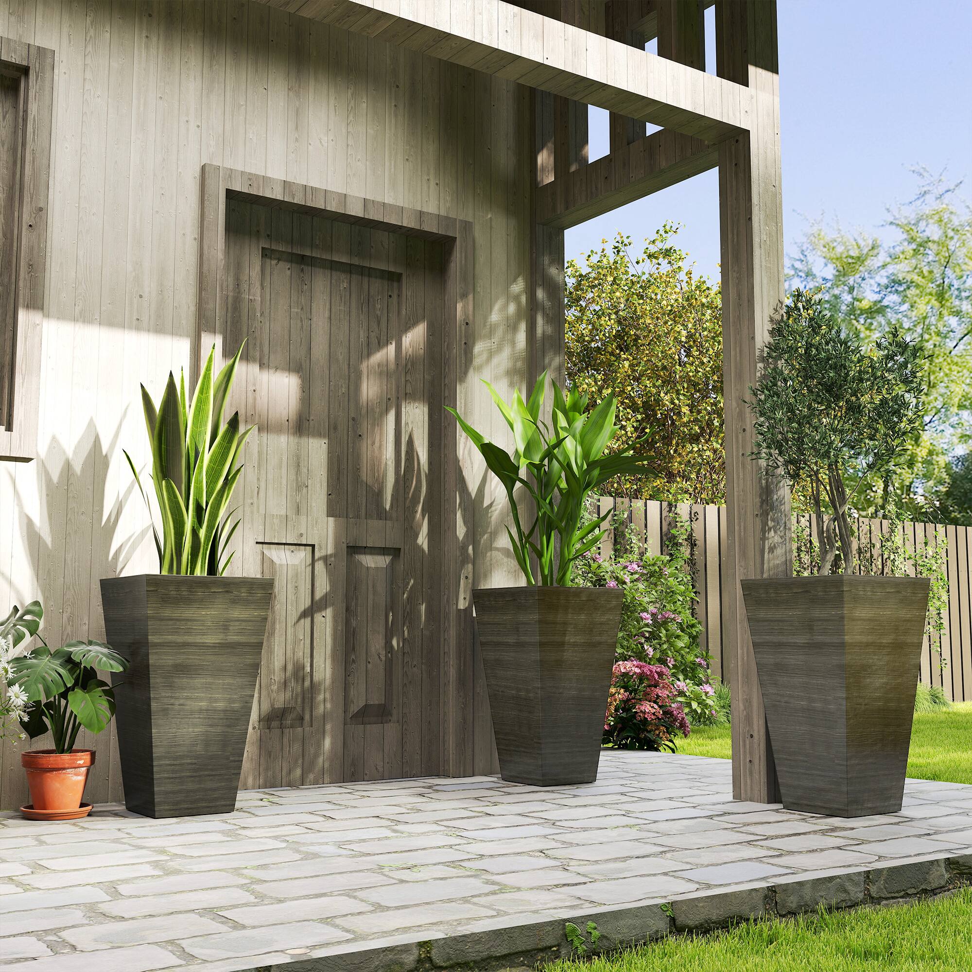 Alt View 1. Outsunny - Tall Planter for Outdoor Plants Set of 3, 28 Inch Taper Planter with Drainage Holes, Wood Grain Decor Garden Pot - Dark Brown.