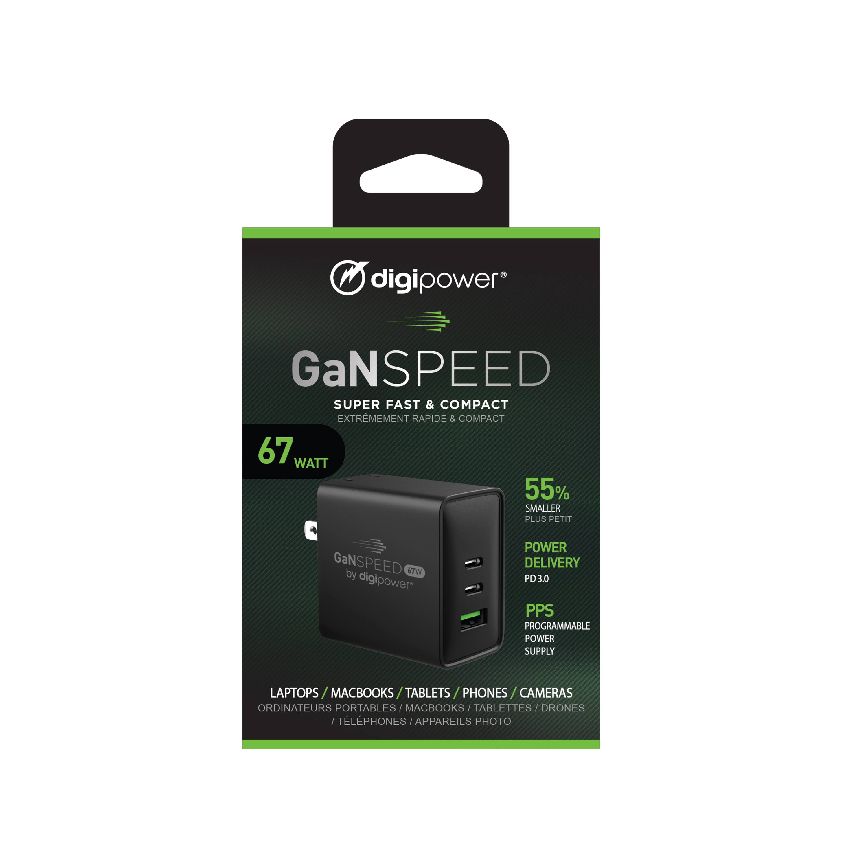 digipower GaNSPEED SUPER FAST & COMPACT EXTREMEMENT RAPIDE & COMPACT 67 WATT 55% SMALLER PLUS PETIT GaNSPEED by 67W POWER DELIVERY PD3.0 PPS PROGRAMMABLE POWER SUPPLY LAPTOPS / MACBOOKS / TABLETS / PHONES / CAMERAS ORDINATEURS PORTABLES / MACBOOKS / TABLETTES / DRONES / TELEPHONES / APPAREILS PHOTO
