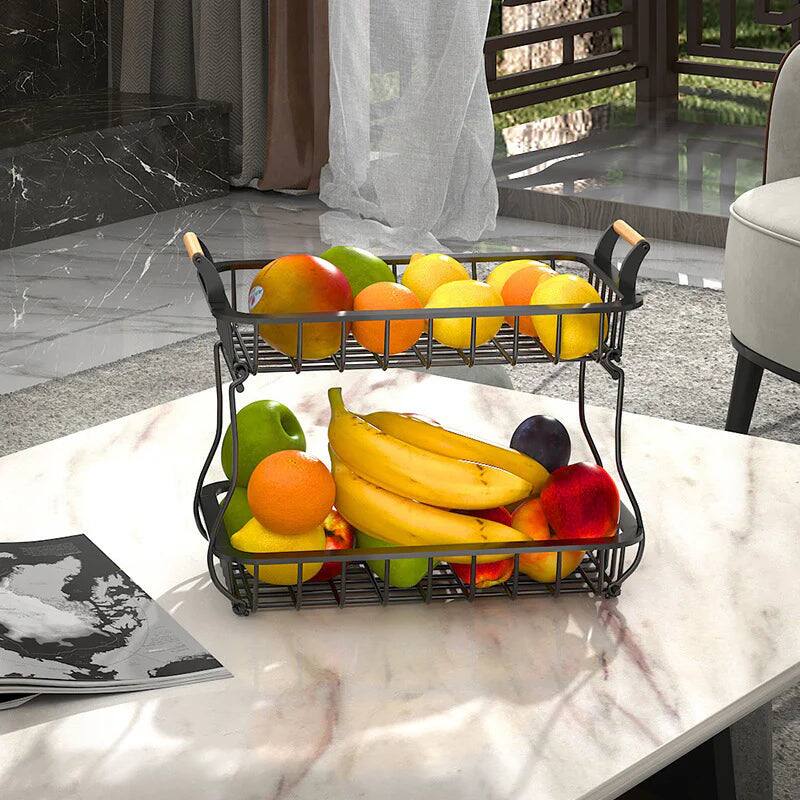 Angle. Adivo - 2-Tier Fruit Basket with Double Wood Handles, Detachable Baskets, Durable Metal Kitchen Organizer - Black.