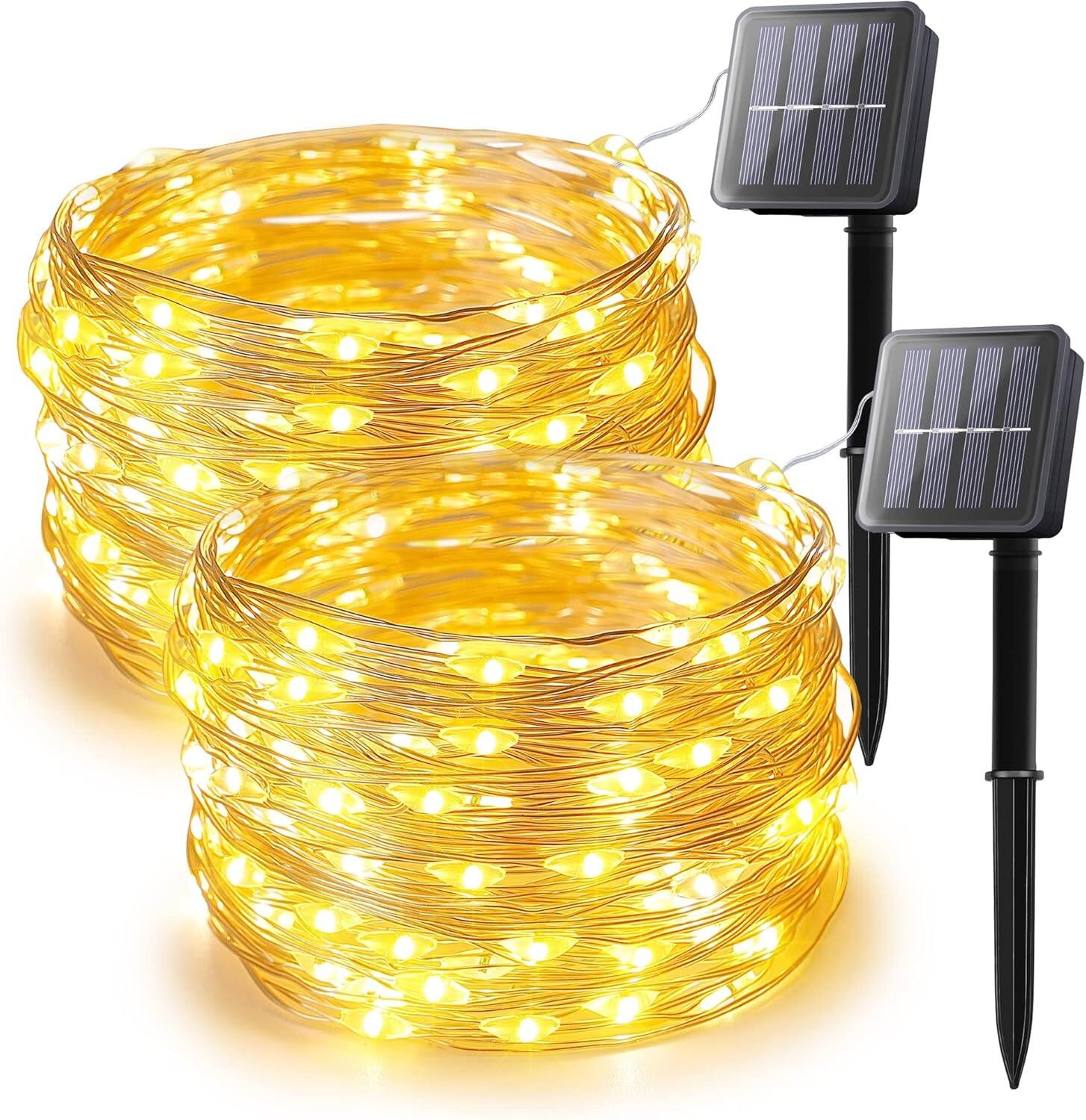 RTMB - Warm White Solar String Lights, 2 Pack, 33FT, 100 LED Solar Fairy Lights - 100LED warmwhite