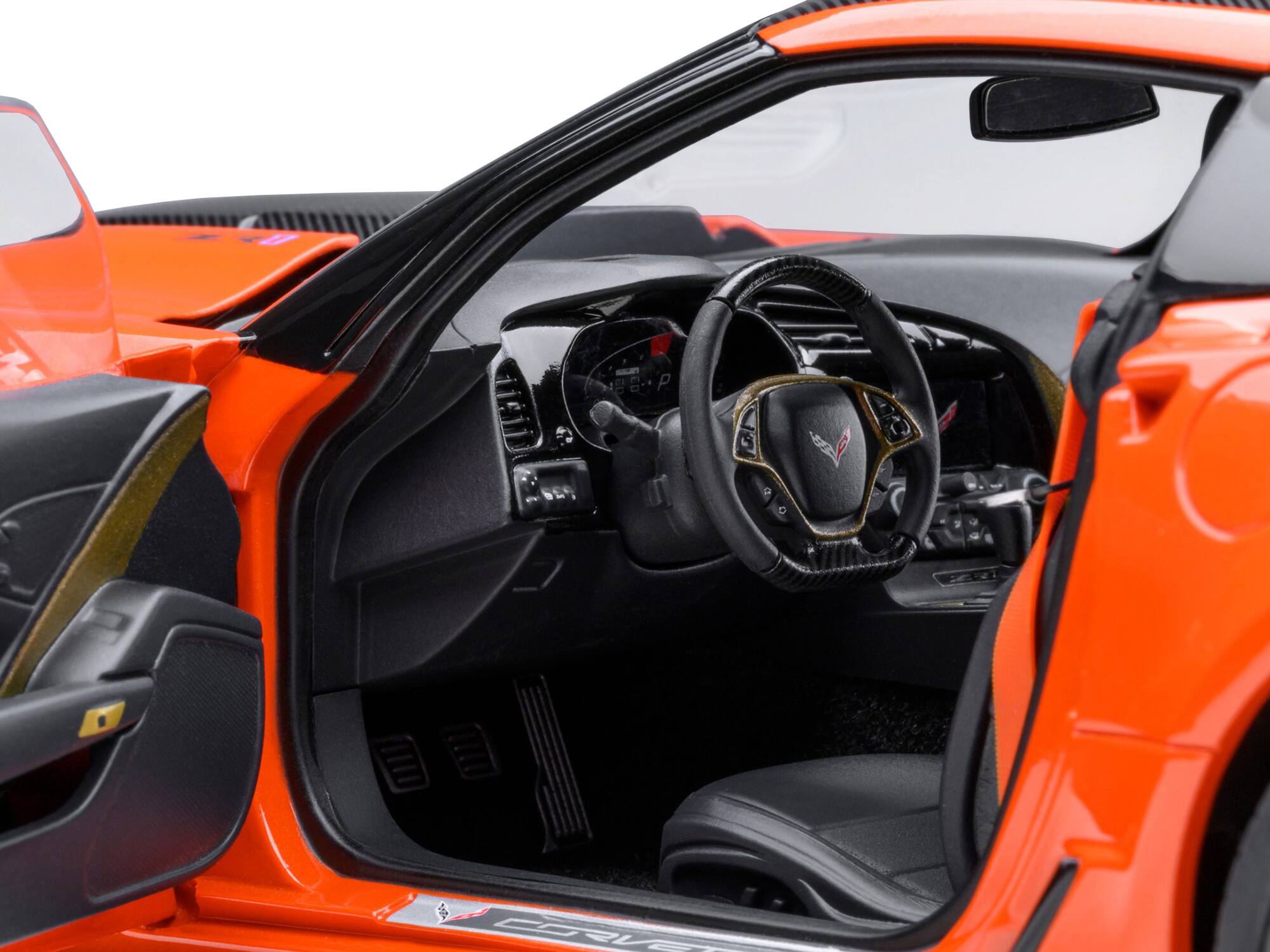 Angle. Autoart - 2019 Chevrolet Corvette C7 ZR1 Sebring Orange Tintcoat with Carbon Top 1/18 Model Car by Autoart - Orange.