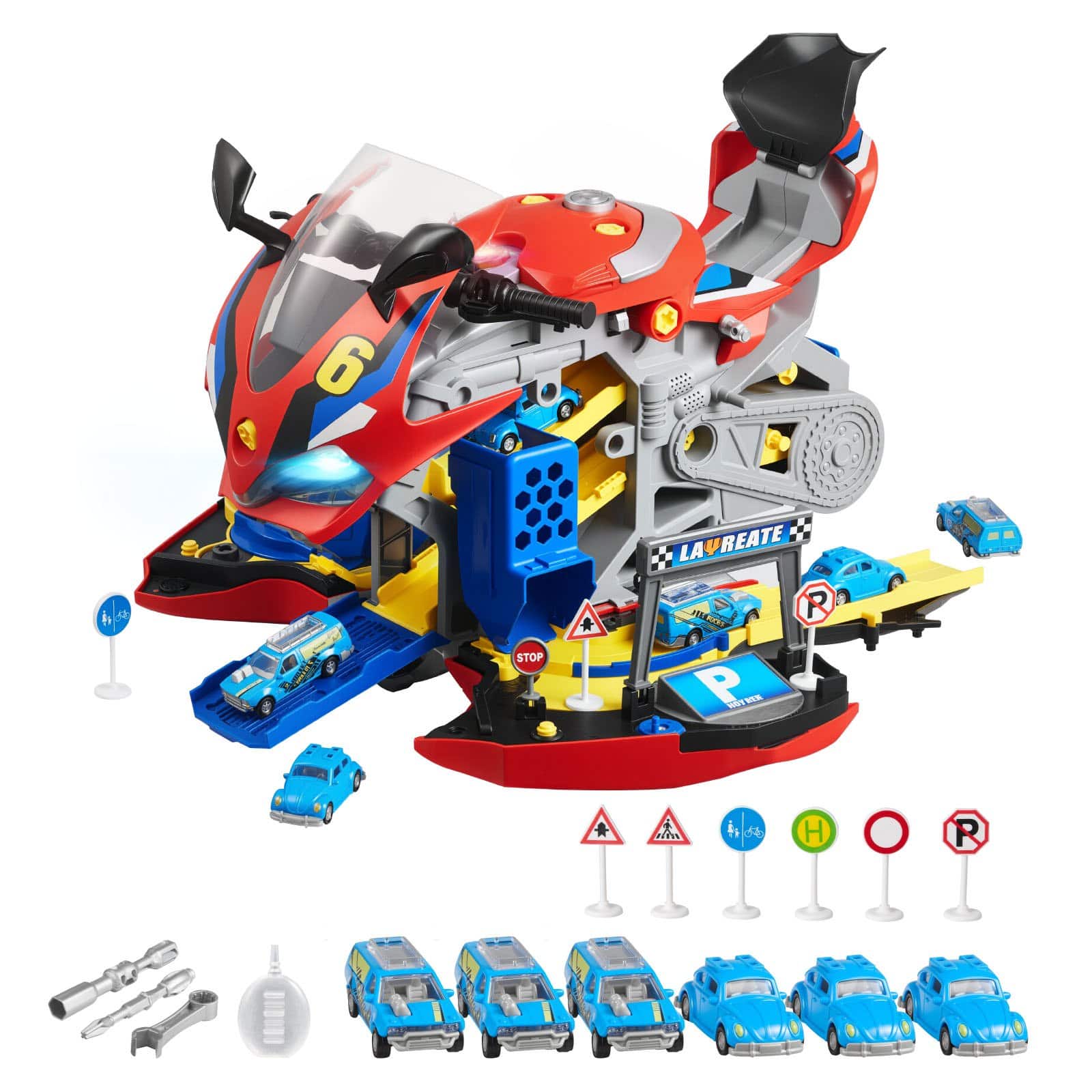 Glintex - Motorcycle Engine Toy for Kids, 25PCS Mechanic Repair Playset with Lights, Sounds, Removable Parts & Racing Simulation
