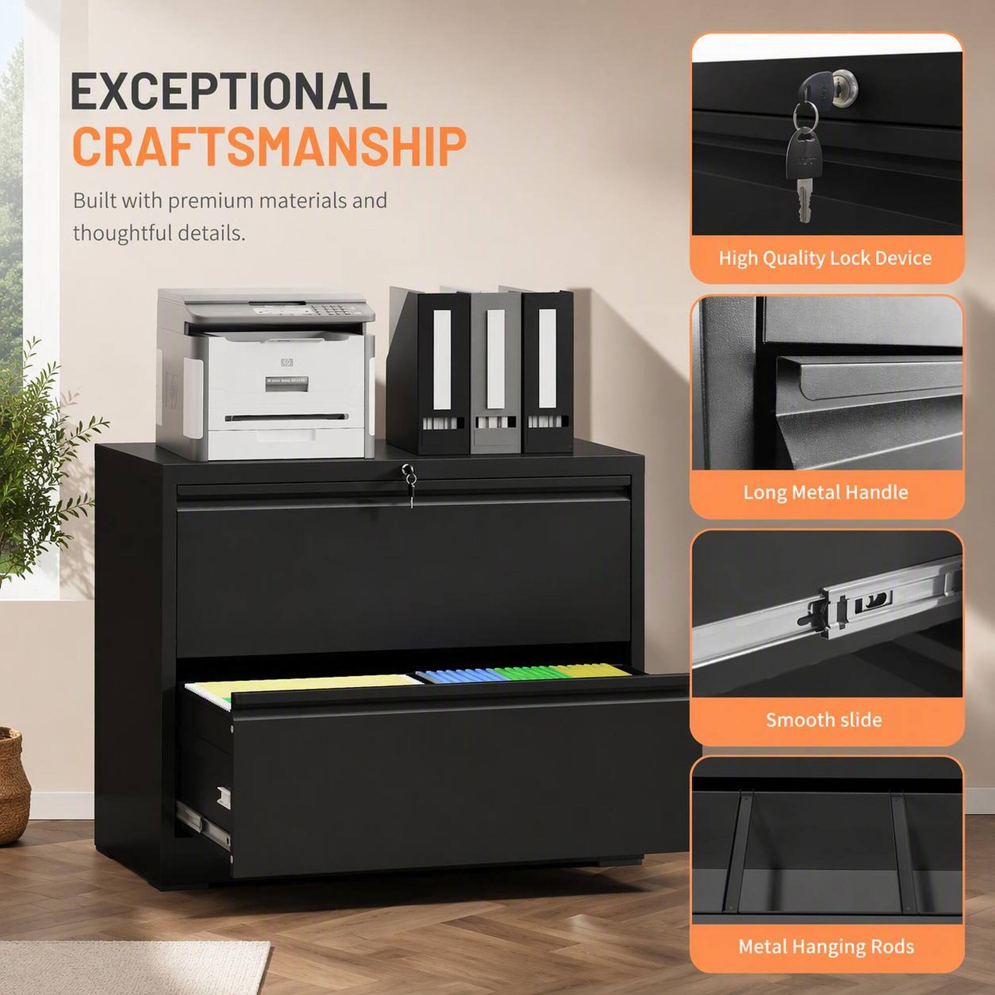 EXCEPTIONAL CRAFTSMANSHIP  
Built with premium materials and thoughtful details.

- High Quality Lock Device
- Long Metal Handle
- Smooth slide
- Metal Hanging Rods