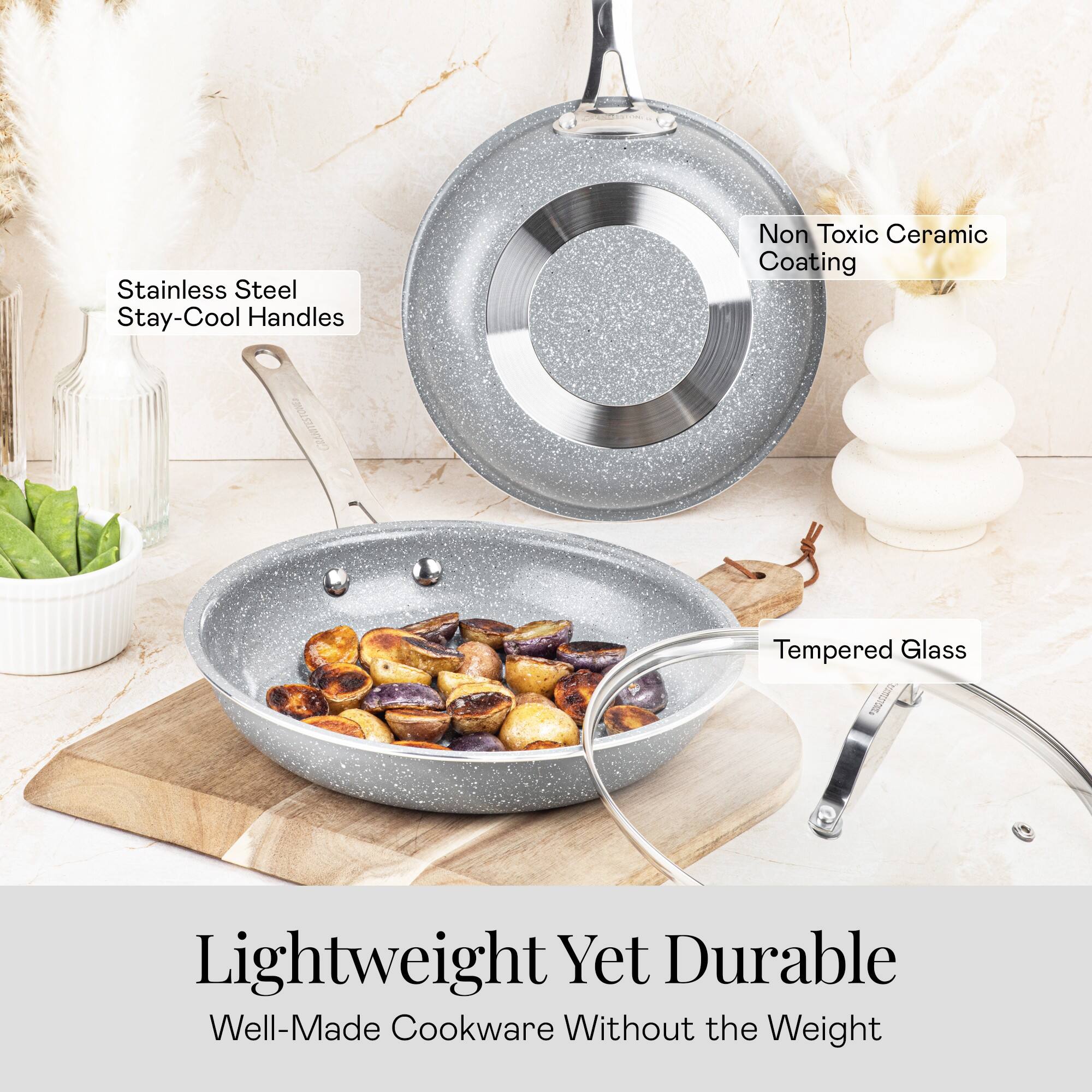 Lightweight Yet Durable, Well-Made Cookware Without the Weight, Stainless Steel Stay-Cool Handles, Non Toxic Ceramic Coating, Tempered Glass