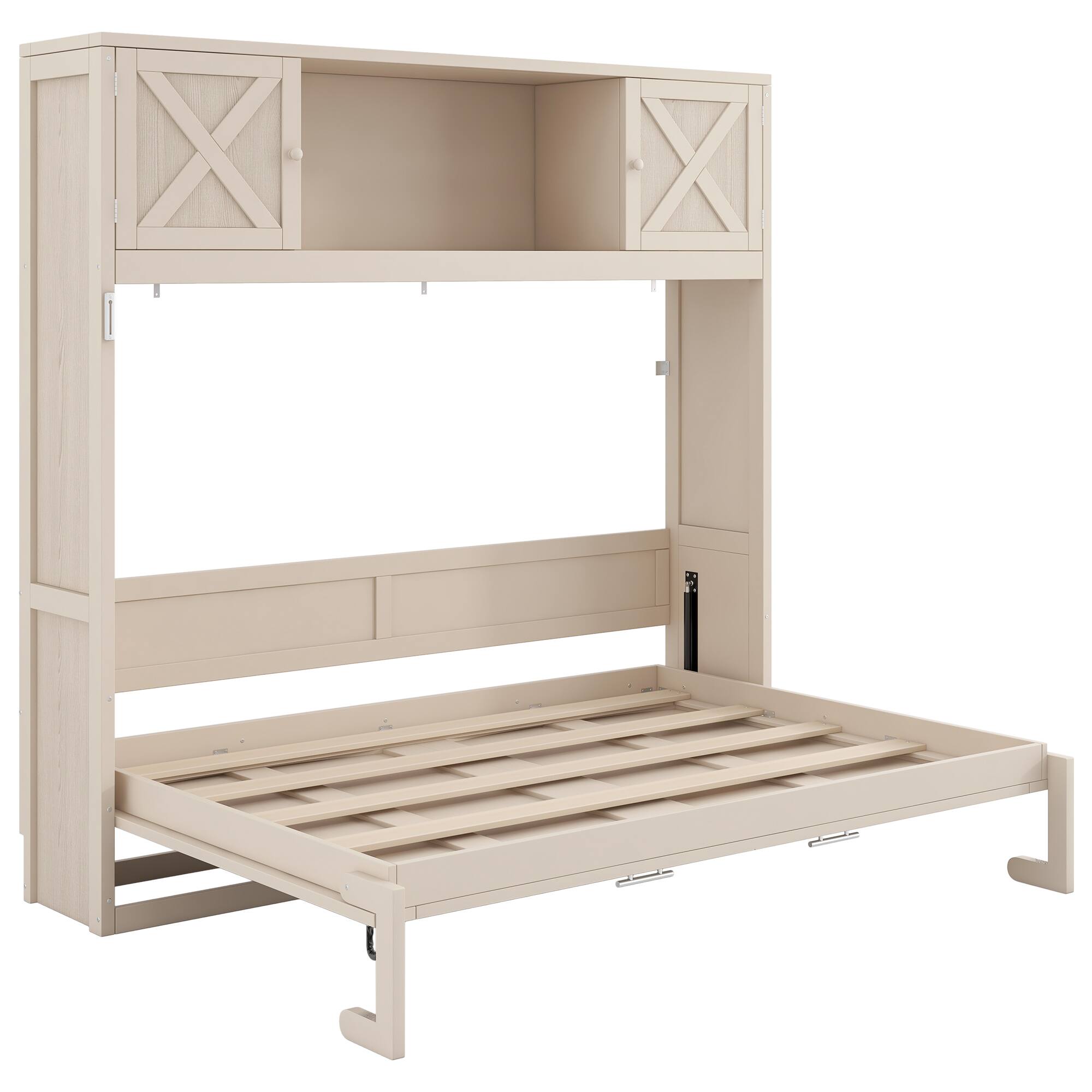 Alt View 1. Whisen - Full Size Murphy Bed with Integrated Storage Cabinets, Space-Saving Foldable Wall Bed Frame - Beige.