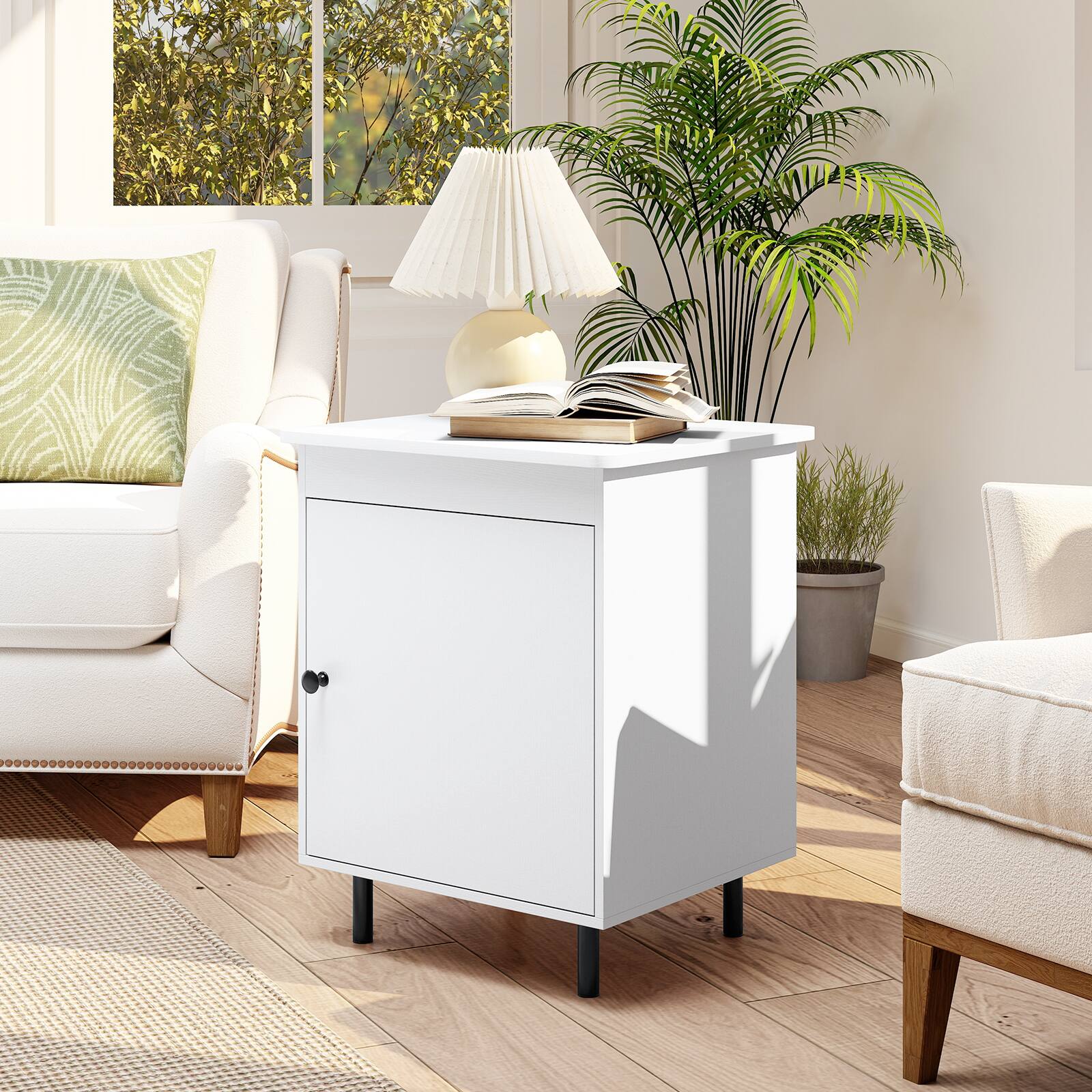 Alt View 4. Gymax - Gymax Nightstand Mid Century Modern End Table w/Door Heavy-Duty Metal Legs for Bedroom - White, Black.
