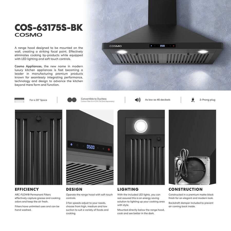 Capture Distance Hood COSMO 30 inches Convertible Wall Range Hood Matte Black - Best Buy