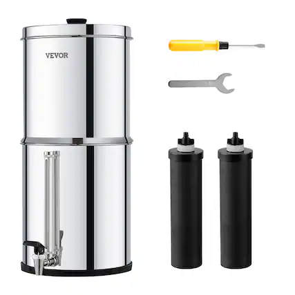 Front. VEVOR - Gravity-fed Water Filter System, 2.25G 304 Stainless-Steel Countertop System, Water Filtration System - Silver.
