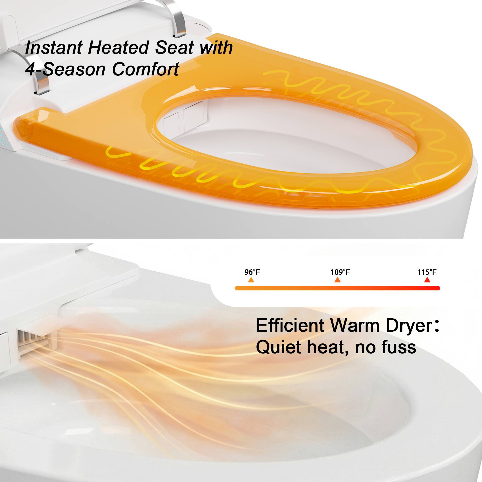 Instant Heated Seat with 4-Season Comfort

Efficient Warm Dryer: Quiet heat, no fuss

96°F 109°F 115°F