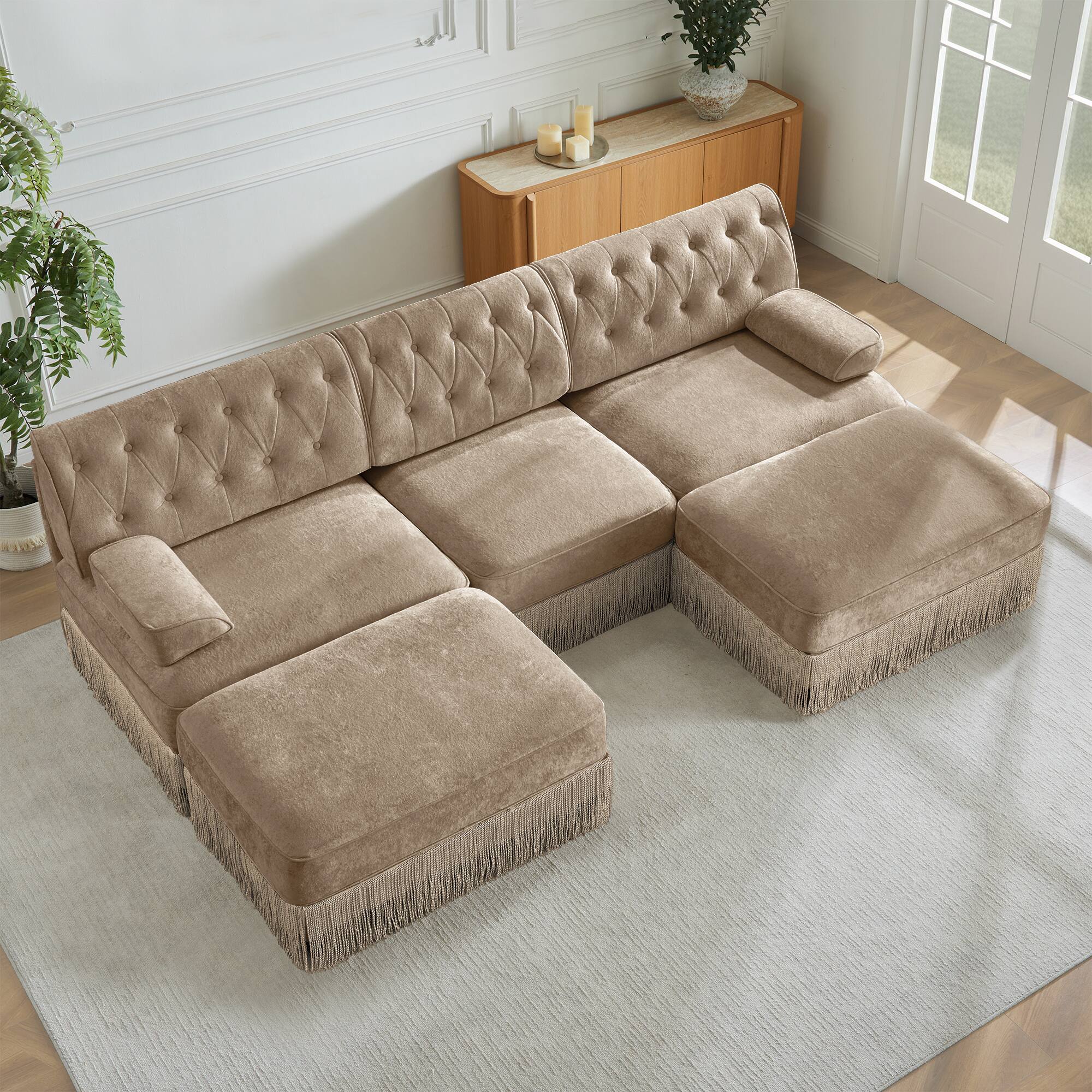 Left. LOVMOR - U Shaped Modular Velvet Couch Compressed Pack Tufted For Living Room Bedroom Soft Modern Lounge Indoor Elegant - Camel.