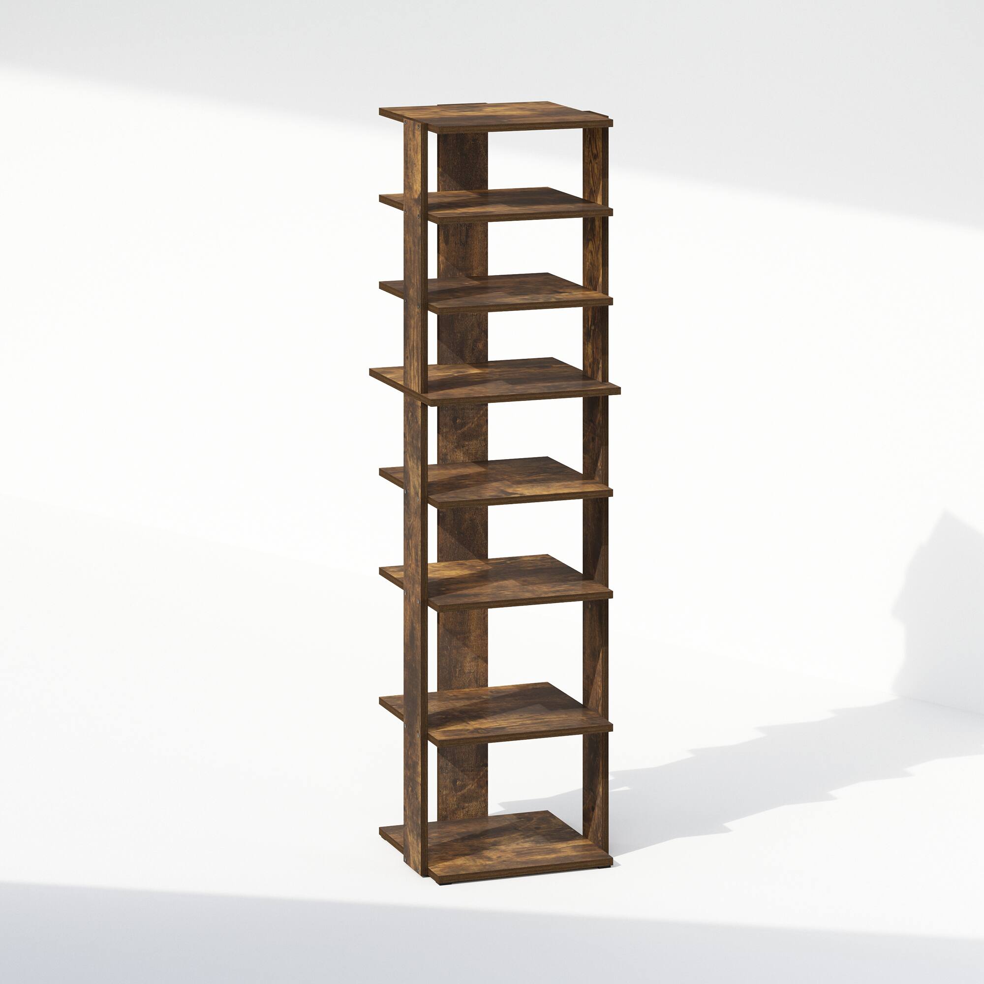 Front. Furinno - Compact 8-Tier Vertical Space Saving Free Standing Corner Shelf, Display Rack, Amber Pine - Amber Pine.