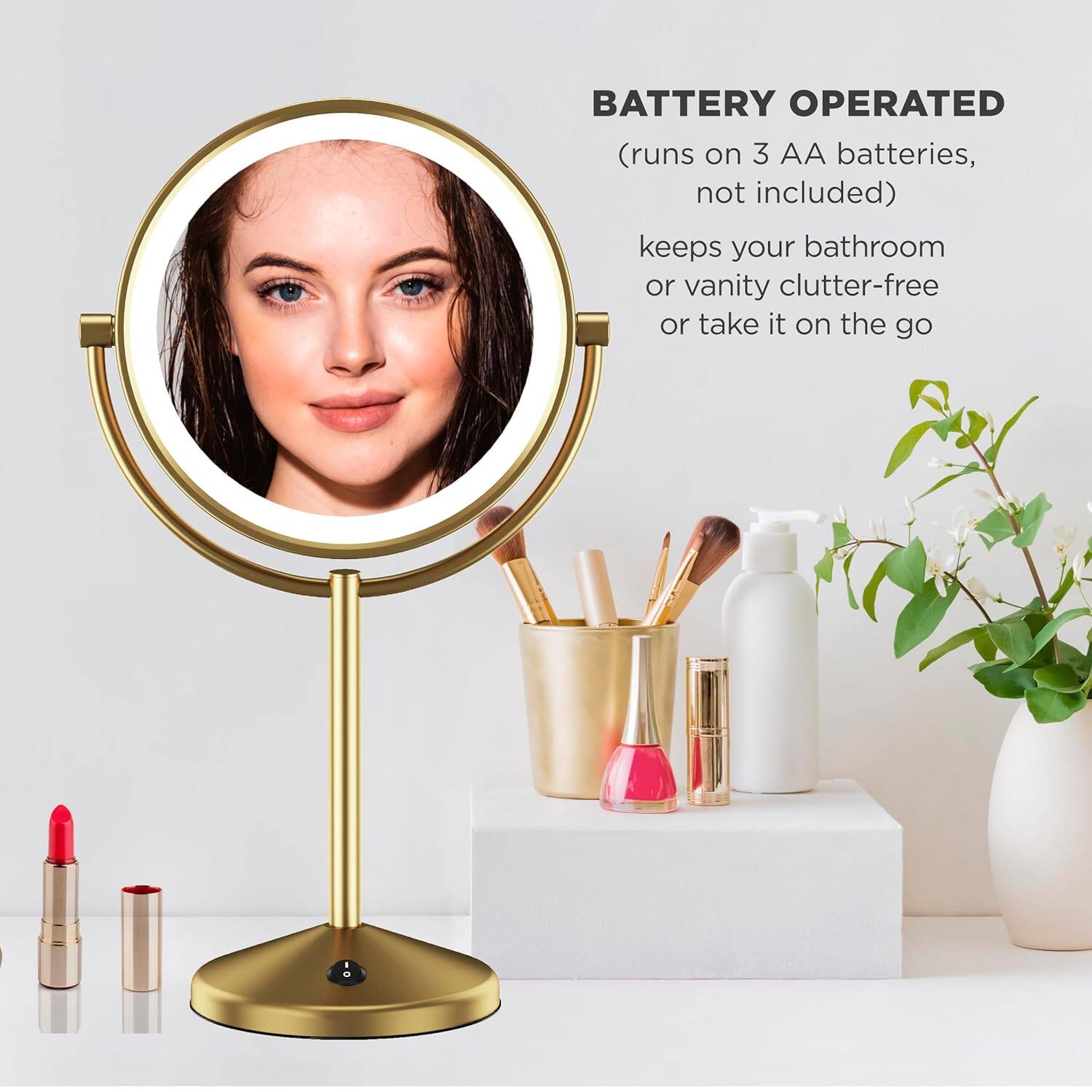 BATTERY OPERATED (runs on 3 AA batteries, not included) keeps your bathroom or vanity clutter-free or take it on the go