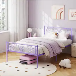Jojoka - Easy Assembly Twin Size Metal Bed Frame Twin Bed Frames Space Saving, for Living Room, Guest Room - Purple