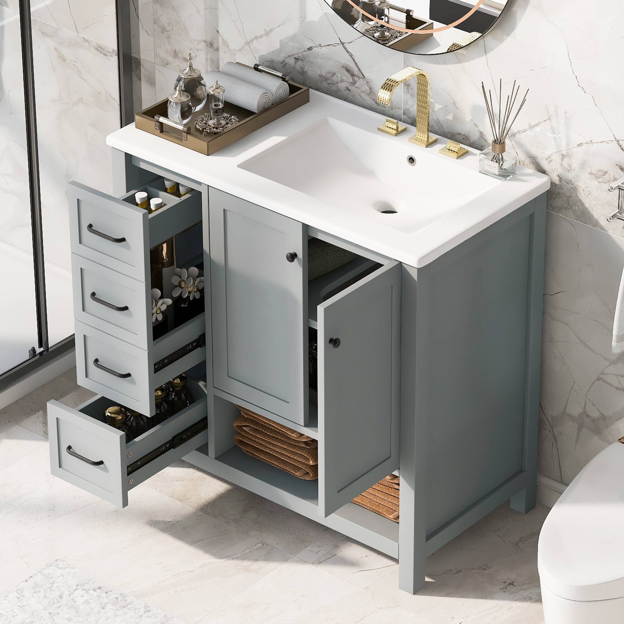 Angle. Whisen - 36 Inch Bathroom Vanity with Right Side Ceramic Sink Combo and Single Open Shelf Storage Cabinet - Gray.
