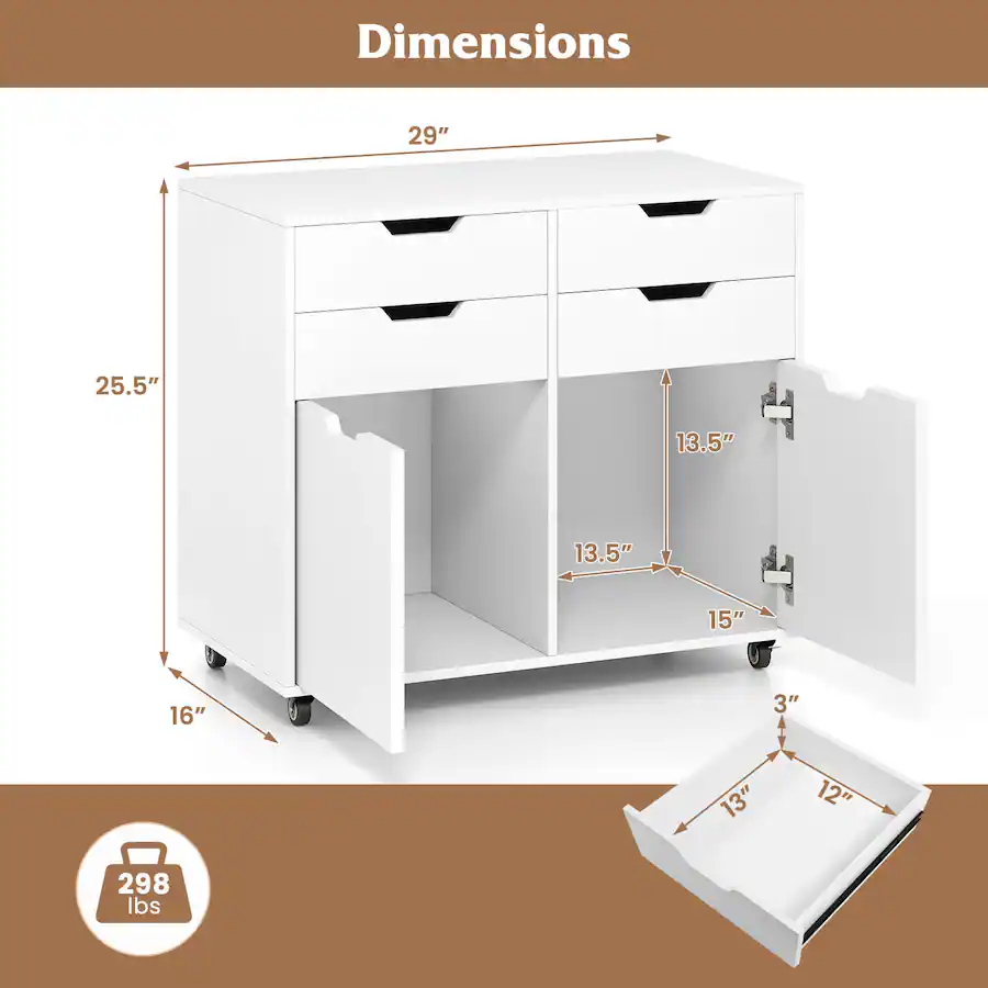 Costway 4 Drawer File Cabinet Rolling Printer Stand with Wheels Wooden ...