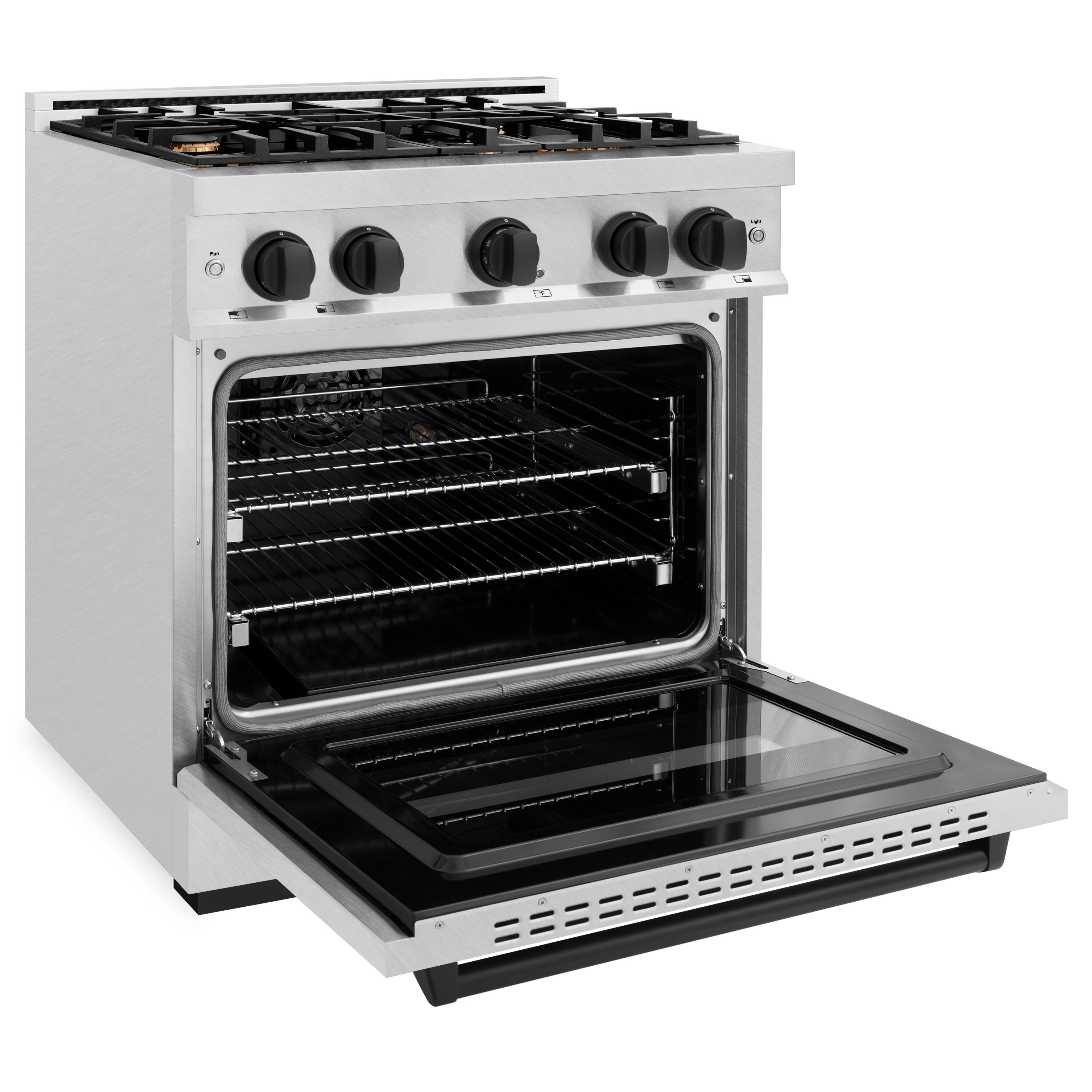 Left. ZLINE - ZLINE Autograph 30 in. Classic Satin Steel Gas Range w/ 4 Burners & Black Accents (CGRSZ-30-MB) - Stainless Steel.