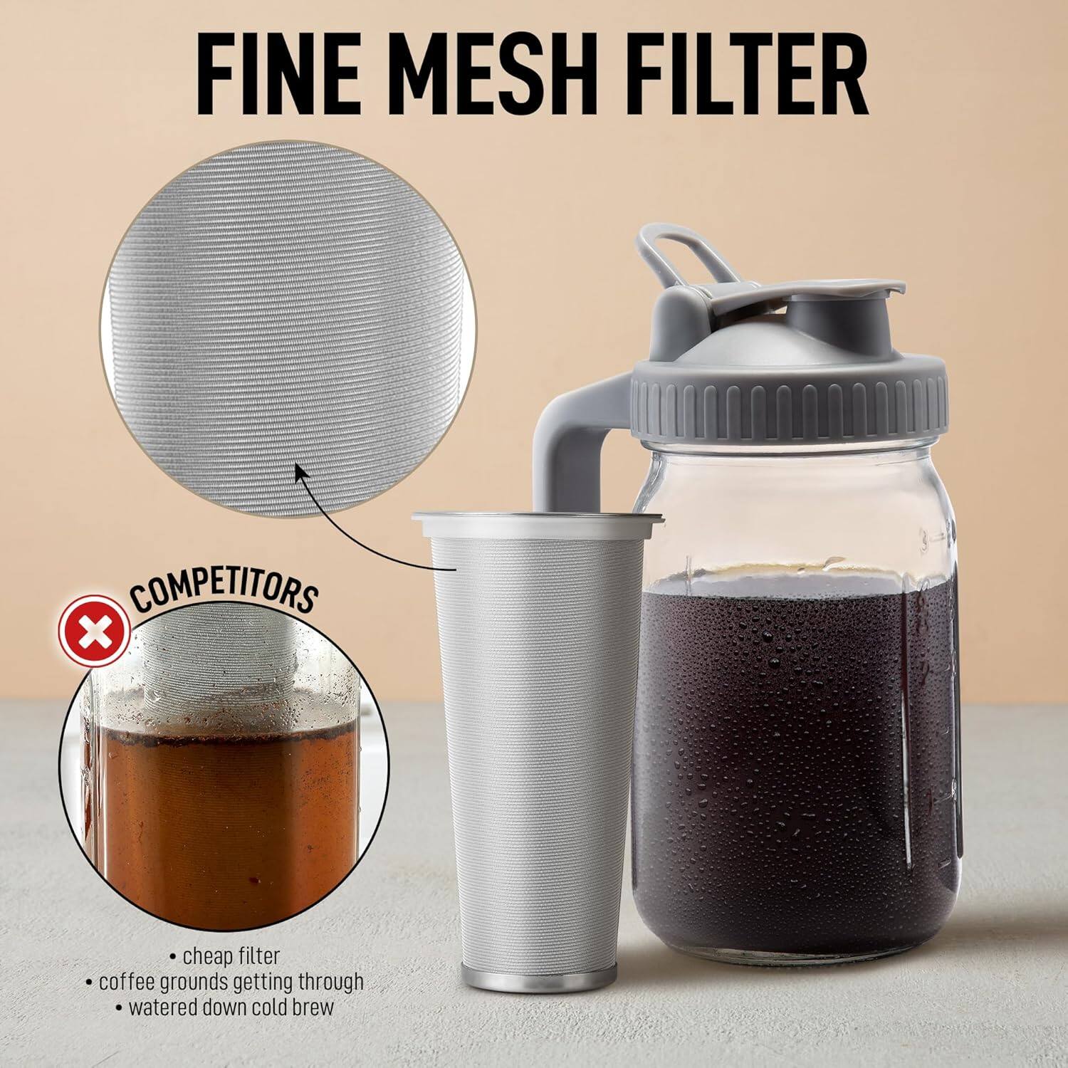 FINE MESH FILTER

COMPETITORS
- cheap filter
- coffee grounds getting through
- watered down cold brew