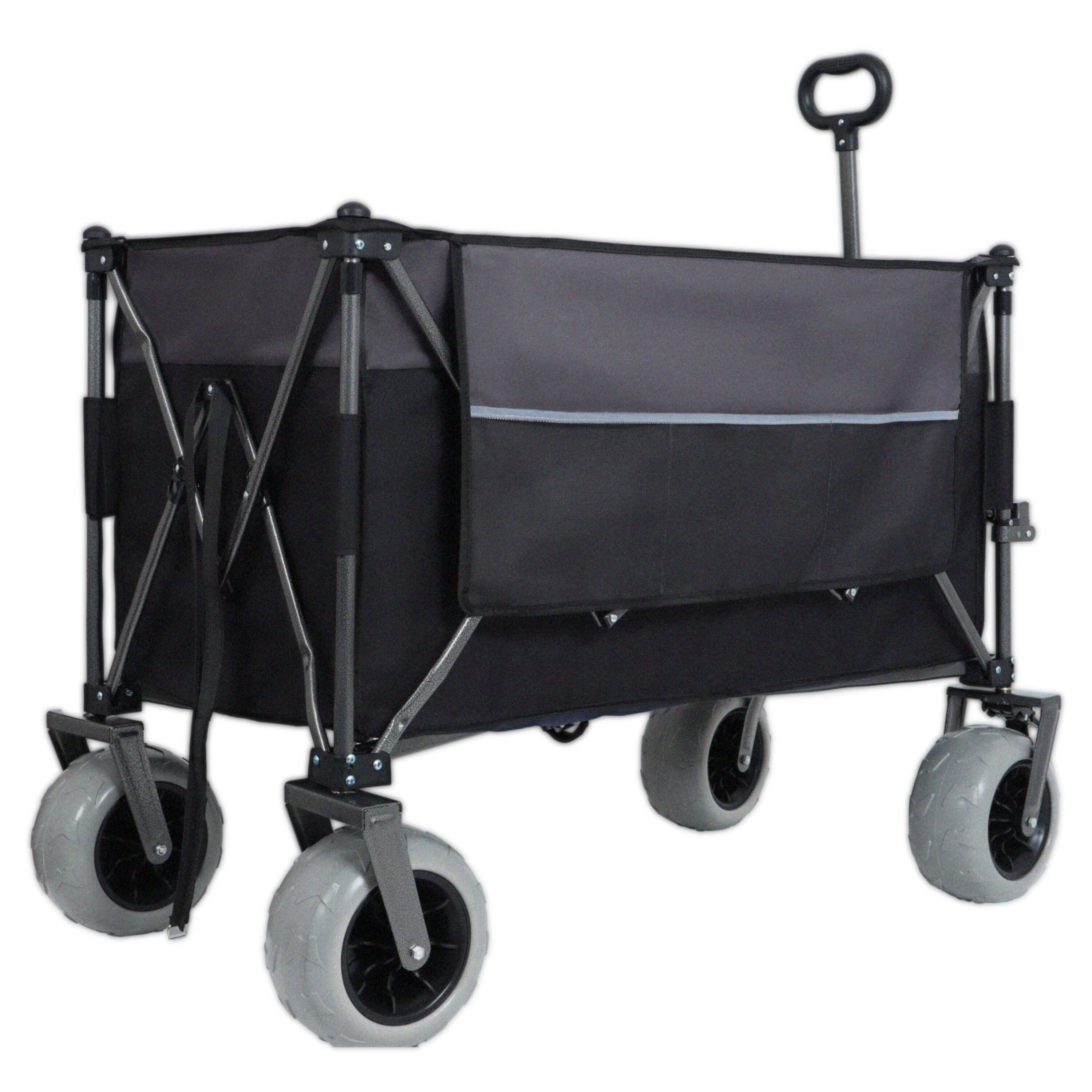 Mondawe - 300L XL Folding Wagon Utility Carts w/ All-Terrain Wheels, Brakes and Cup Holders - Black