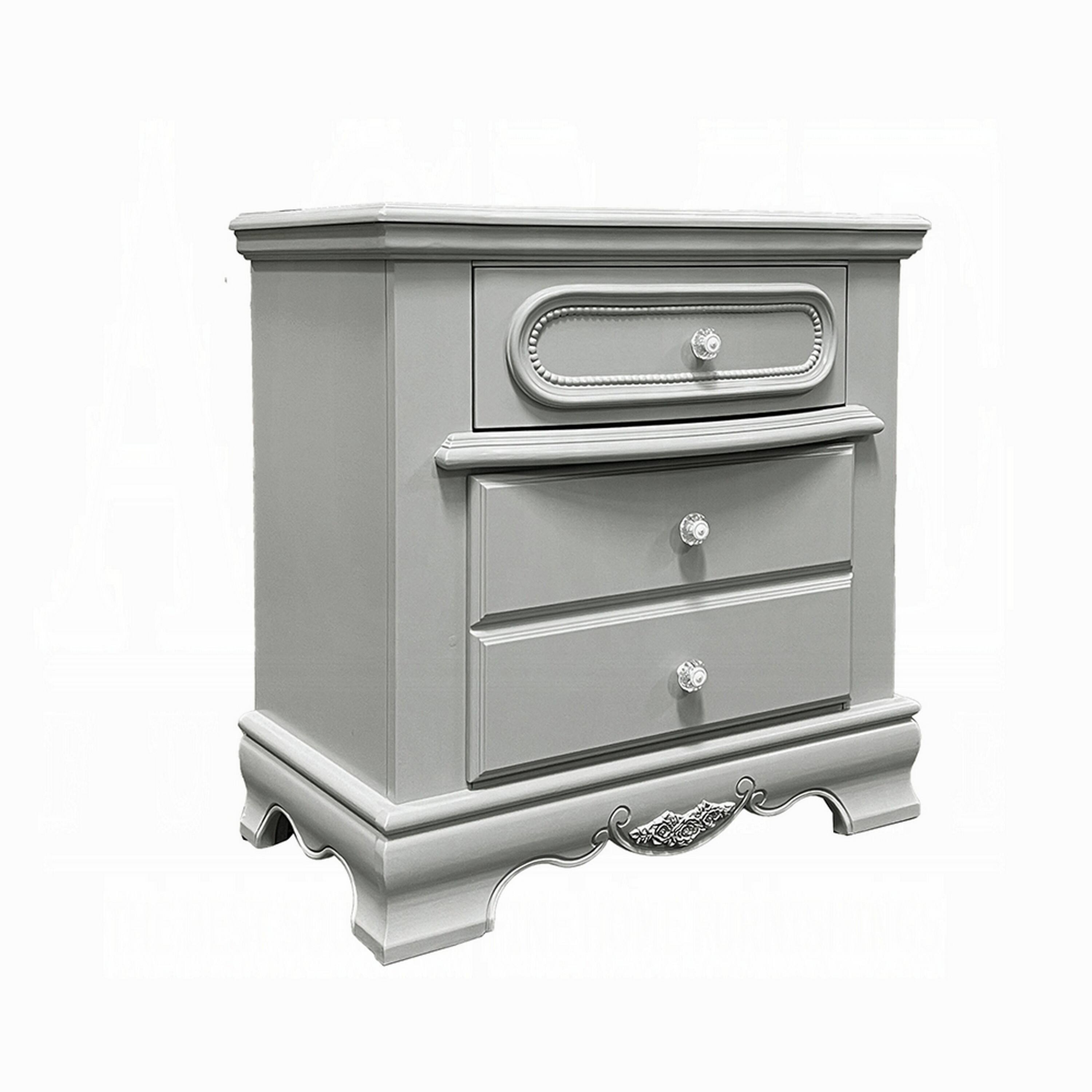 Front. Manhattan Lane - Auri Kids Nightstand, 3 Drawers and Scalloped Base - Gray, Silver.