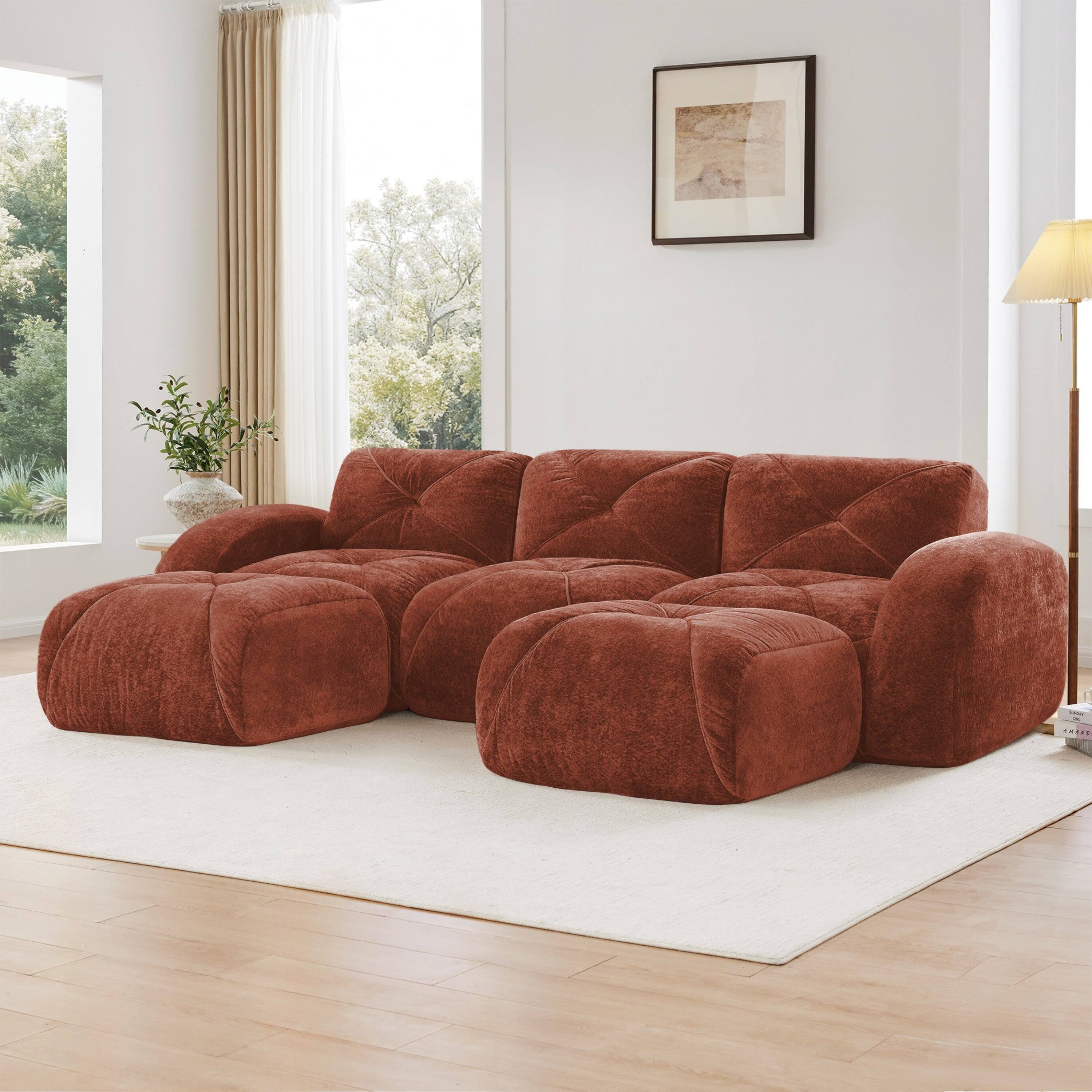 Alt View 2. Boyel Living - U Shaped Velvet Tufted Sofa Movable Ottomans 32D High Density Sponge Anti Slip Free Combo Study Theater Red - Red.