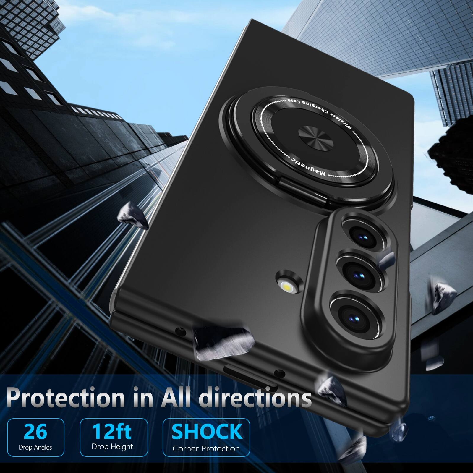 - Case Charging
- DM Magnetic Protection
- Protection in All directions
- 26 Drop Angles
- 12ft Drop Height
- SHOCK Corner Protection