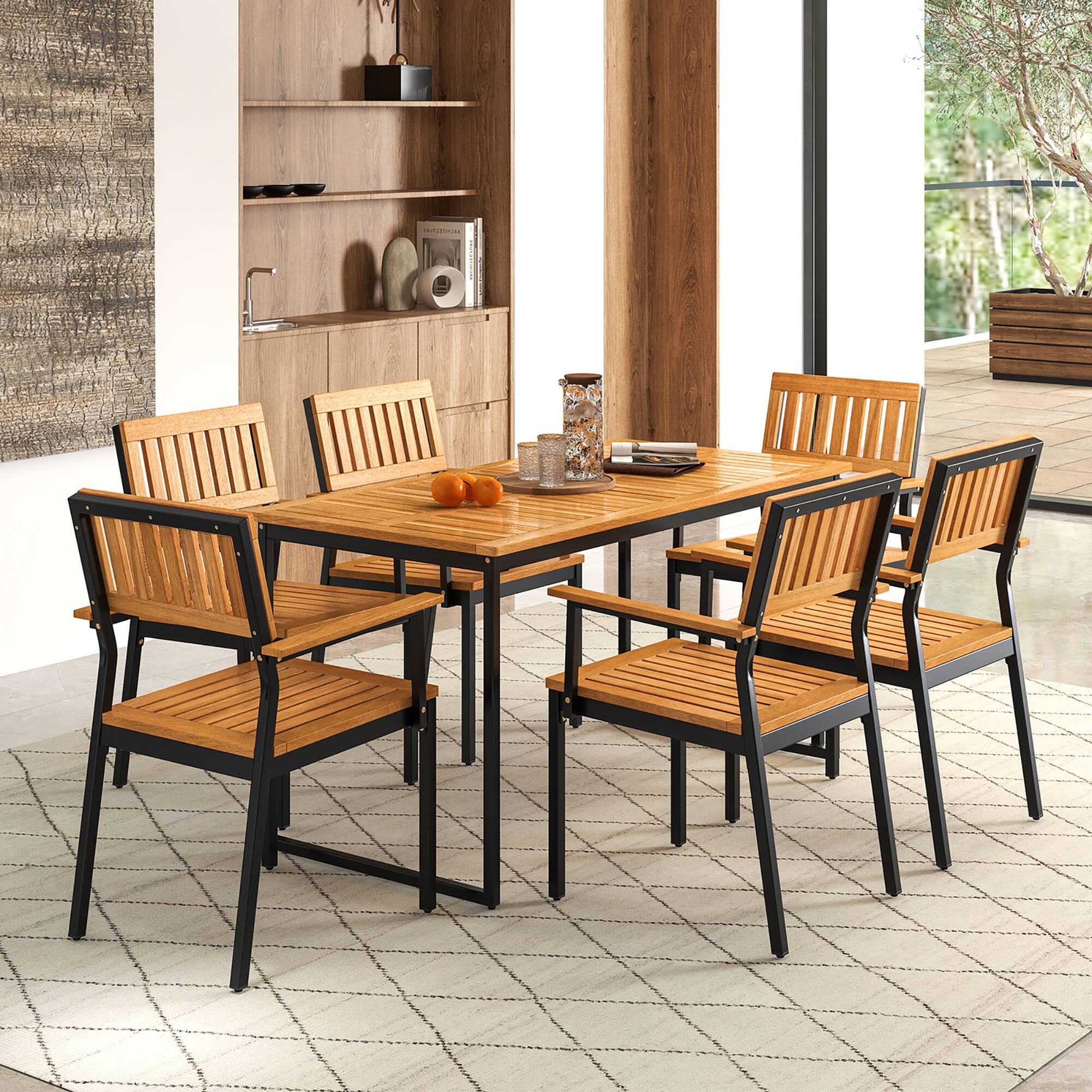 Alt View 5. Gymax - Gymax Dining Chair Set of 4 w/Acacia Wood Backrest Slanted Seat Comfortable Armrests - Natural, Black.