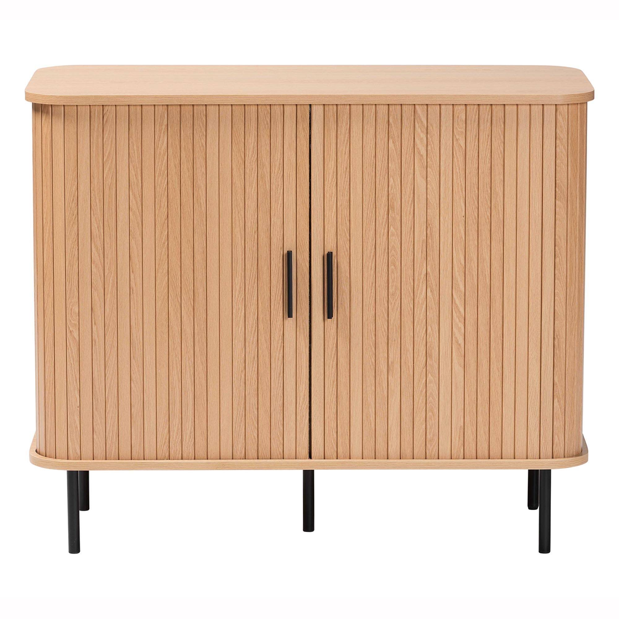 Left. Baxton Studio - Lucia Fluted Wood Storage Cabinet - Mid-Century Modern Sideboard with Sliding Tambour Doors, 35" Wide - Light Oak/Black.