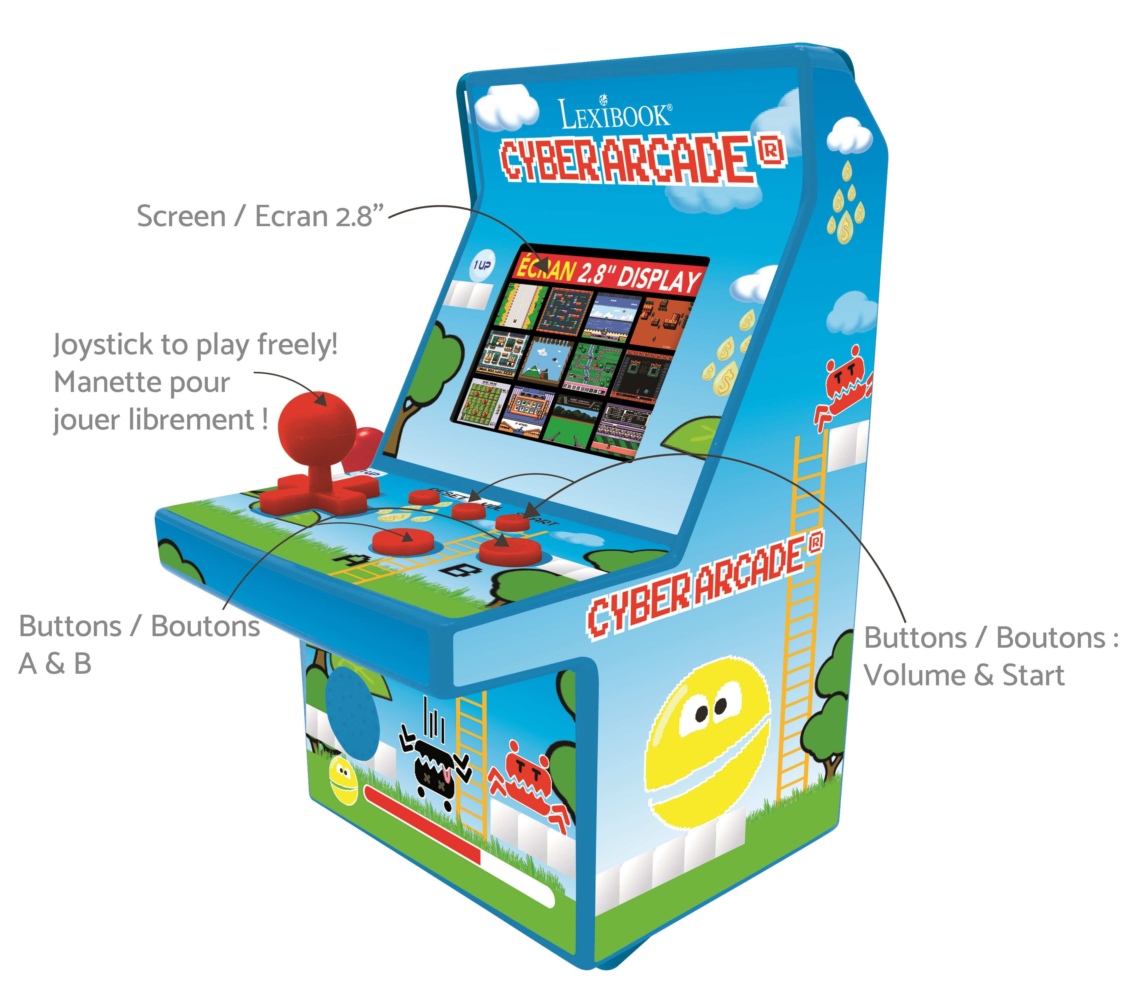 Screen / Ecran 2.8"  
LEXIBOOK R CYBER ARCADE NUP ECNAN 2.8" DISPLAY  
Joystick to play freely! Manette pour jouer librement!  
Buttons / Boutons / A & B  
Buttons / Boutons / Volume & Start