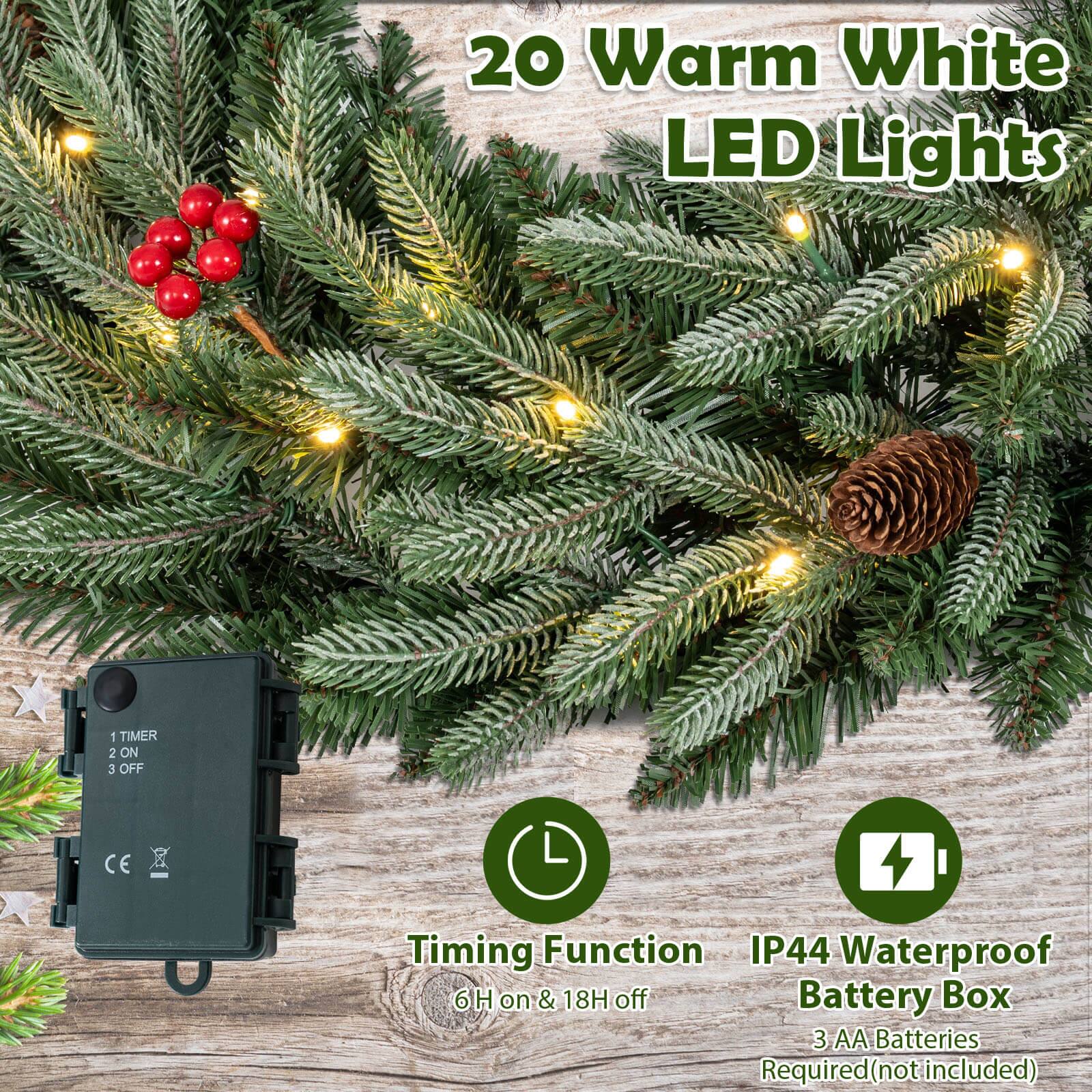 20 Warm White LED Lights

- 1 TIMER
- 2 ON
- 3 OFF

Timing Function: 6H on & 18H off

IP44 Waterproof

Battery Box: 3 AA Batteries Required (not included)