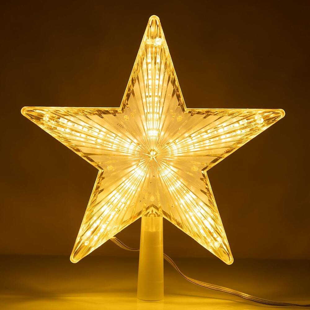 Front. PARKER SLATER - 8.7" LED Star Tree Topper – 31 Lights, Battery Powered, Warm White Xmas Decor - Transparent Color.