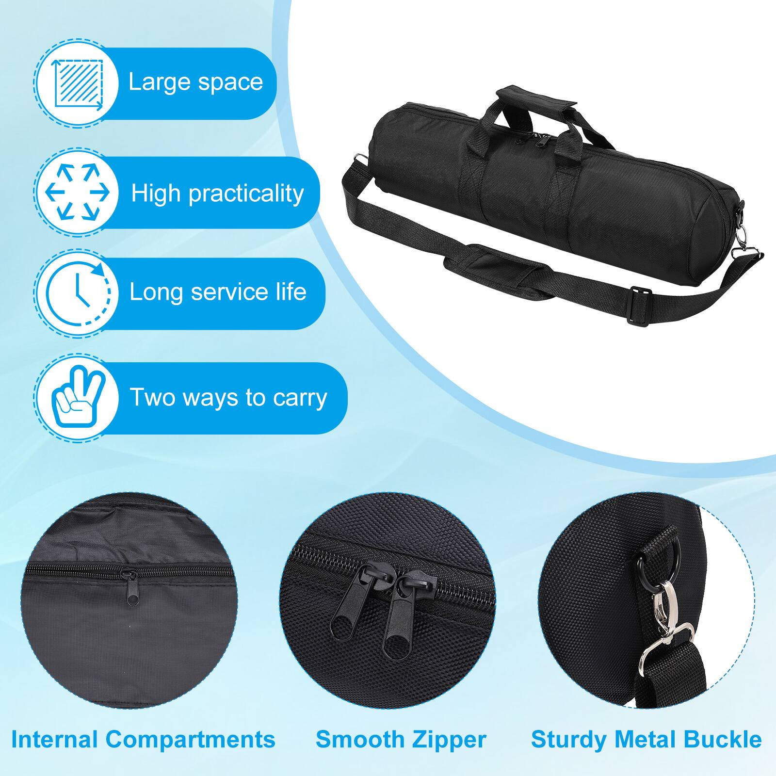 - Large space
- High practicality
- Long service life
- Two ways to carry
- Internal Compartments
- Smooth Zipper
- Sturdy Metal Buckle