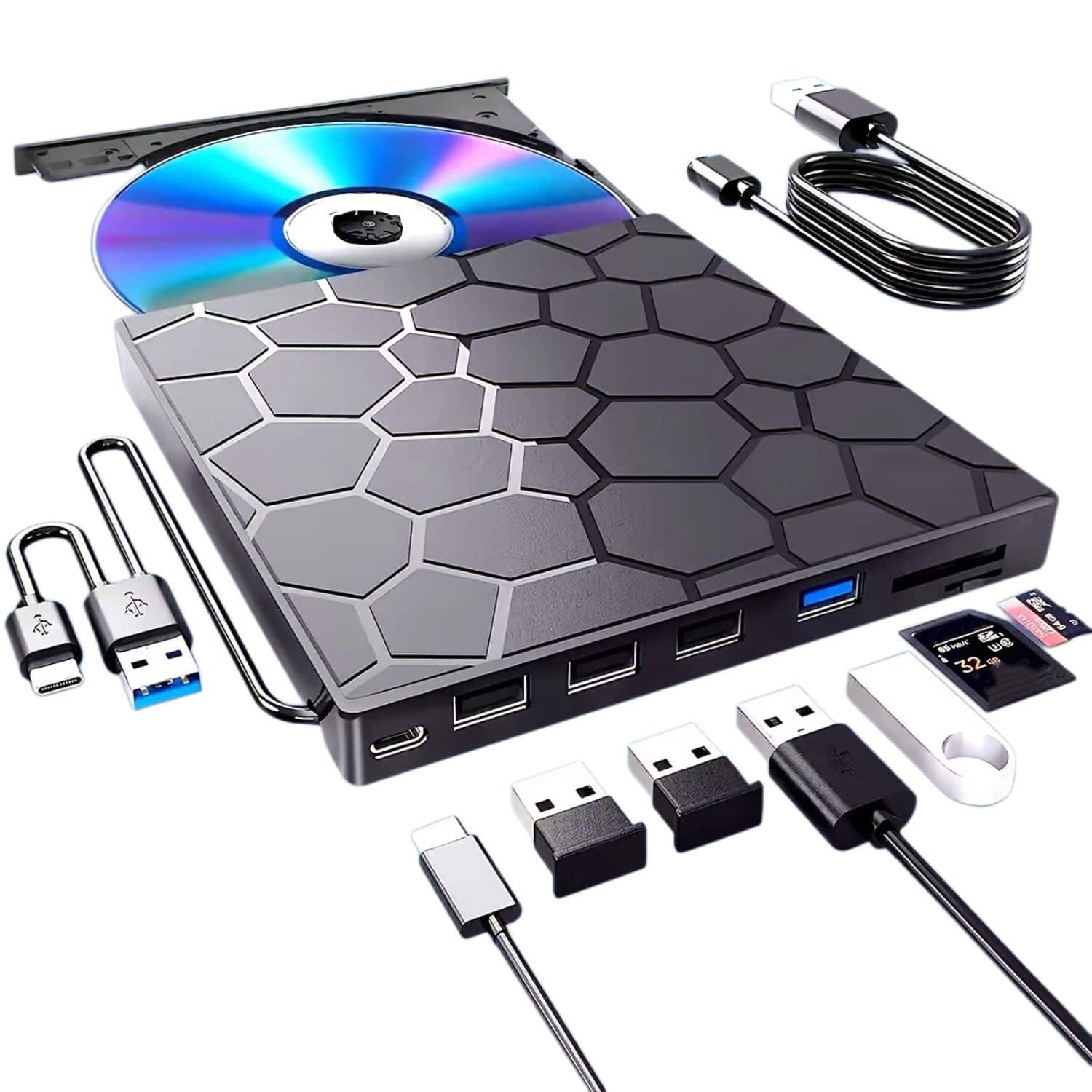 Stock Preferred - 8-in-1 USB 3.0 Ultra-Thin Portable CD/DVD Reader & Writer with USB Hub, SD/TF Card Slot, and Type-C Port for Laptop & PC