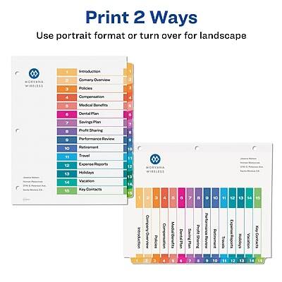 **Print 2 Ways**  
Use portrait format or turn over for landscape

---

**MOEVANA WIRELESS**

1. Introduction
2. Company Overview
3. Compensation
4. Medical Benefits
5. Dental Plan
6. Savings Plan
7. Profit Sharing
8. Performance Review
9. Retirement
10. Travel
11. Expense Reports
12. Holidays
13. Vacation
14. Key Contacts

---

**MOEVANA WIRELESS**

1. Introduction
2. Company Overview
3. Compensation
4. Medical Benefits
5. Dental Plan
6. Savings Plan
7. Profit Sharing
8. Performance Review
9. Retirement
10. Travel
11. Expense Reports
12. Holidays
13. Vacation
14. Key Contacts