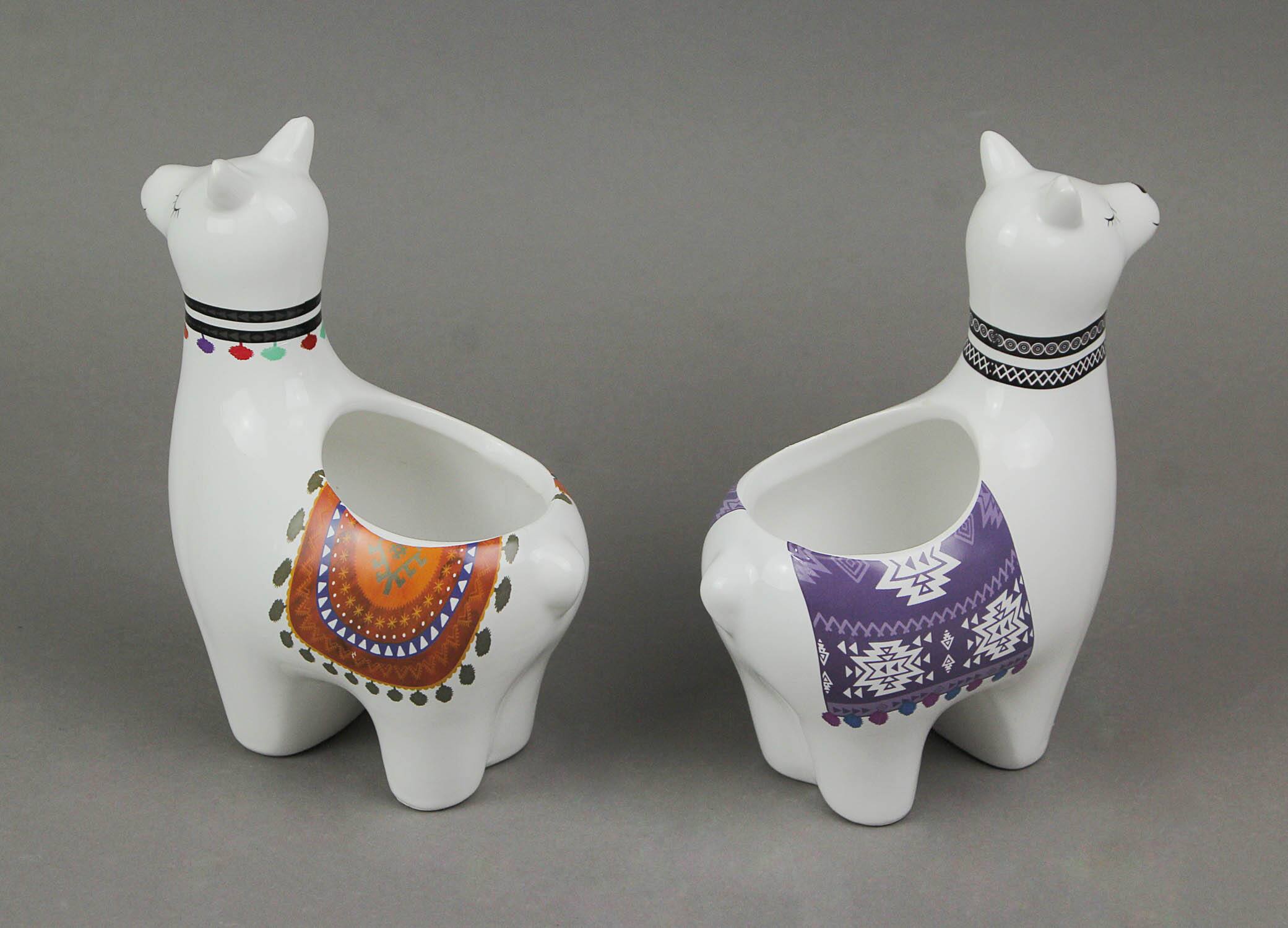 Alt View 2. Zeckos - Set of 2 Adorable Hand Painted Llama Dolomite Ceramic Mini Planters - White.