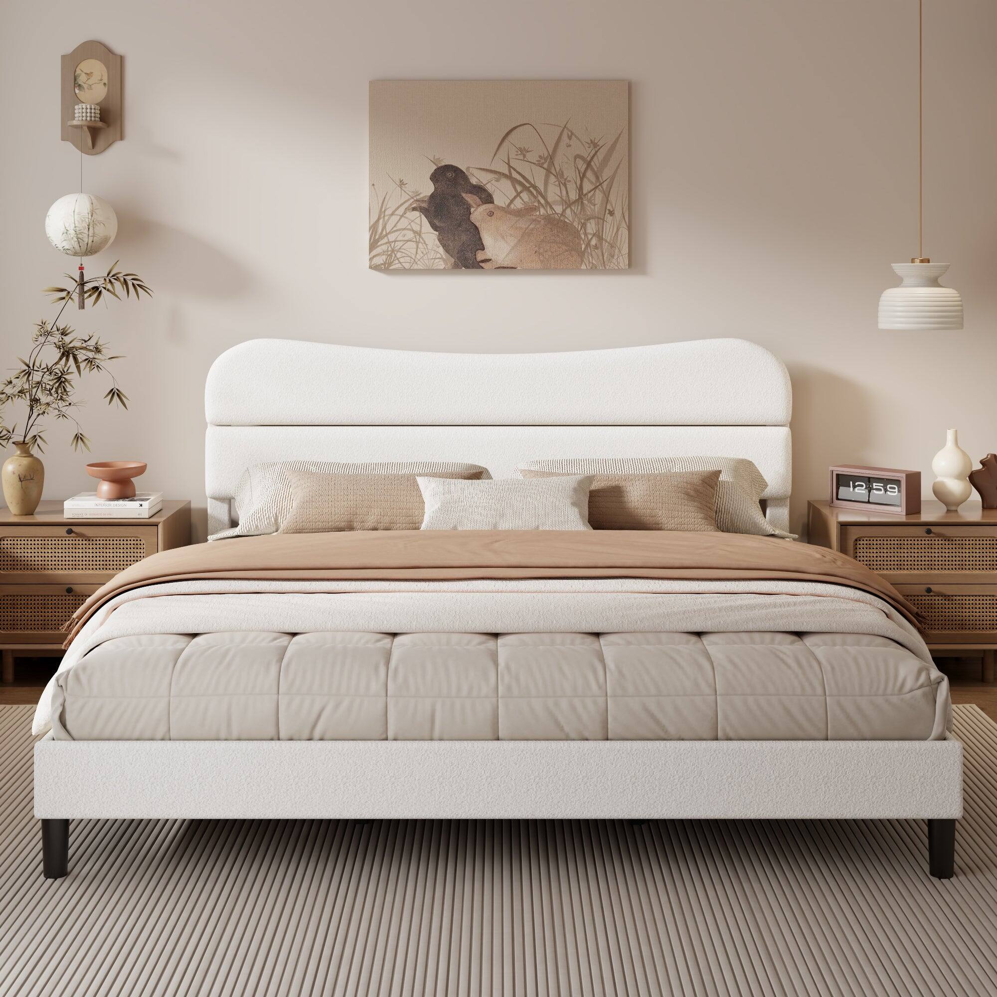 Angle. Furnulem - Bed Frame With Teddy Velvet Soft Curved Headboard Platform Bed With Wooden Slats Support - White.