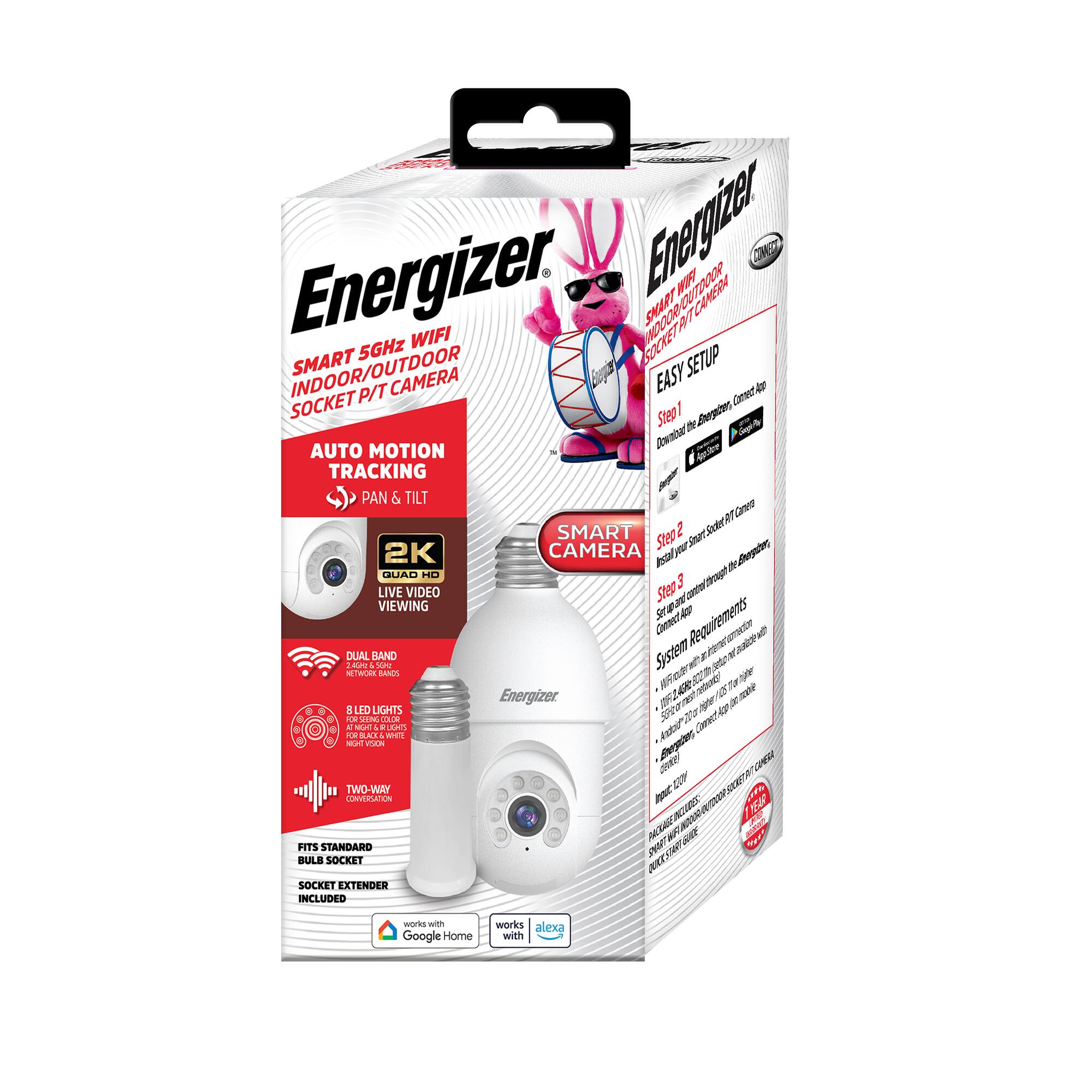 Energizer Smart 5GHz WiFi Indoor/Outdoor Socket P/T Camera

- Auto Motion Tracking
- Pan & Tilt
- 2K Quad HD Live Video Viewing
- Dual Band Network Bands
- 8 LED Lights
- Two-Way Audio
- Fits Standard Bulbs Socket
- Socket Extender Included
- Works with Google Home and Alexa

Easy Setup:
1. Download the Energizer Camera App
2. Connect Smart Socket P/T Camera
3. Set up your Camera

System Requirements:
- Wi-Fi router with 2.4GHz and 5GHz bands
- Android or iOS smartphone or tablet
- Internet connection

Additional Features:
- Smart Camera
- 2K Video
- Quad HD
- Dual Band
- 8 LED Lights
- Two-Way Audio
- Fits Standard Bulbs Socket
- Socket Extender Included
- Works with Google Home and Alexa