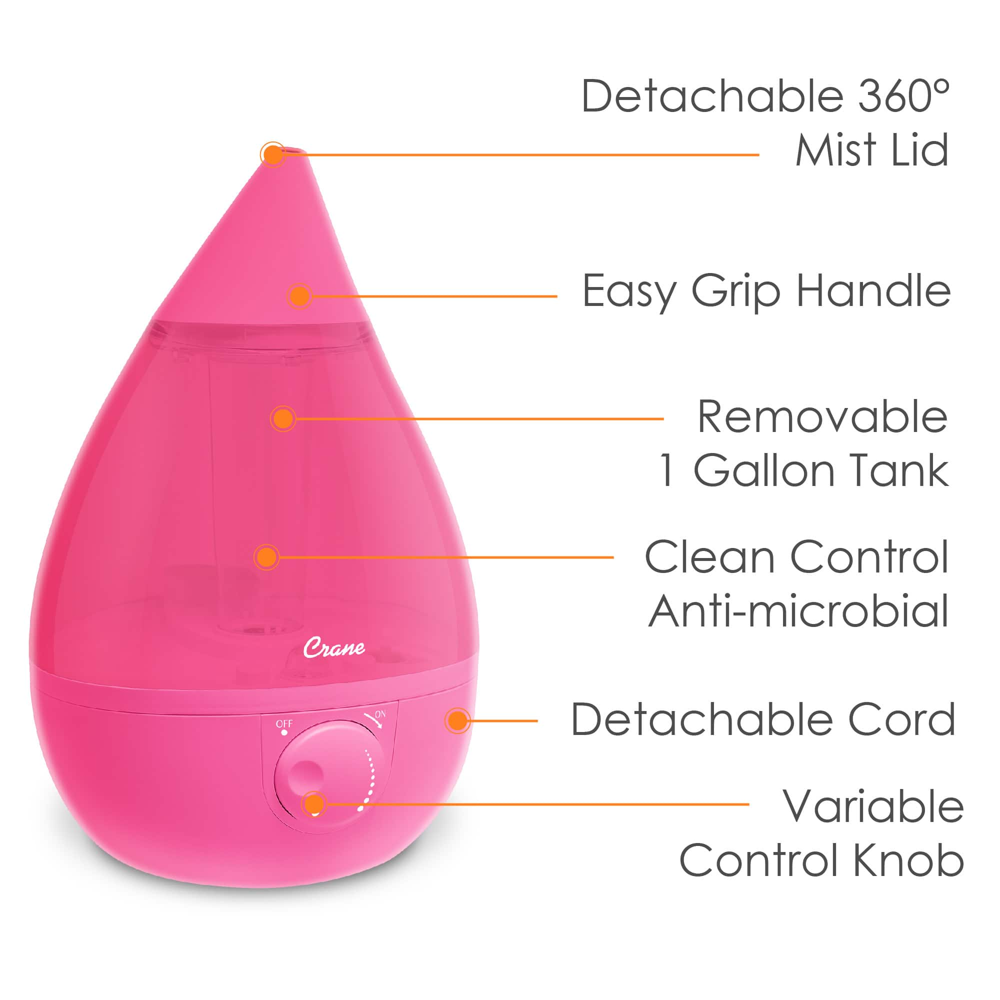 Left View: Crane USA Drop Ultrasonic Cool Mist Humidifier - Pink