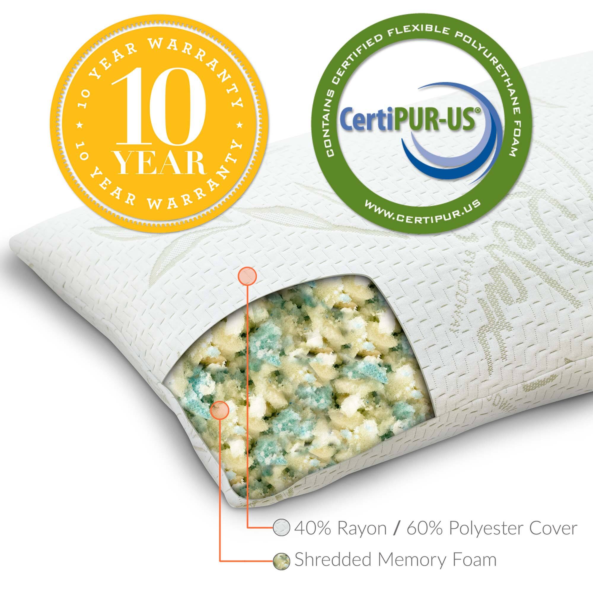 10 YEAR WARRANTY  
CONTAINS CERTIFIED FLEXIBLE POLYURETHANE FOAM  
CertiPUR-US  
WWW.CERTIPUR.US  
40% Rayon / 60% Polyester Cover  
Shredded Memory Foam