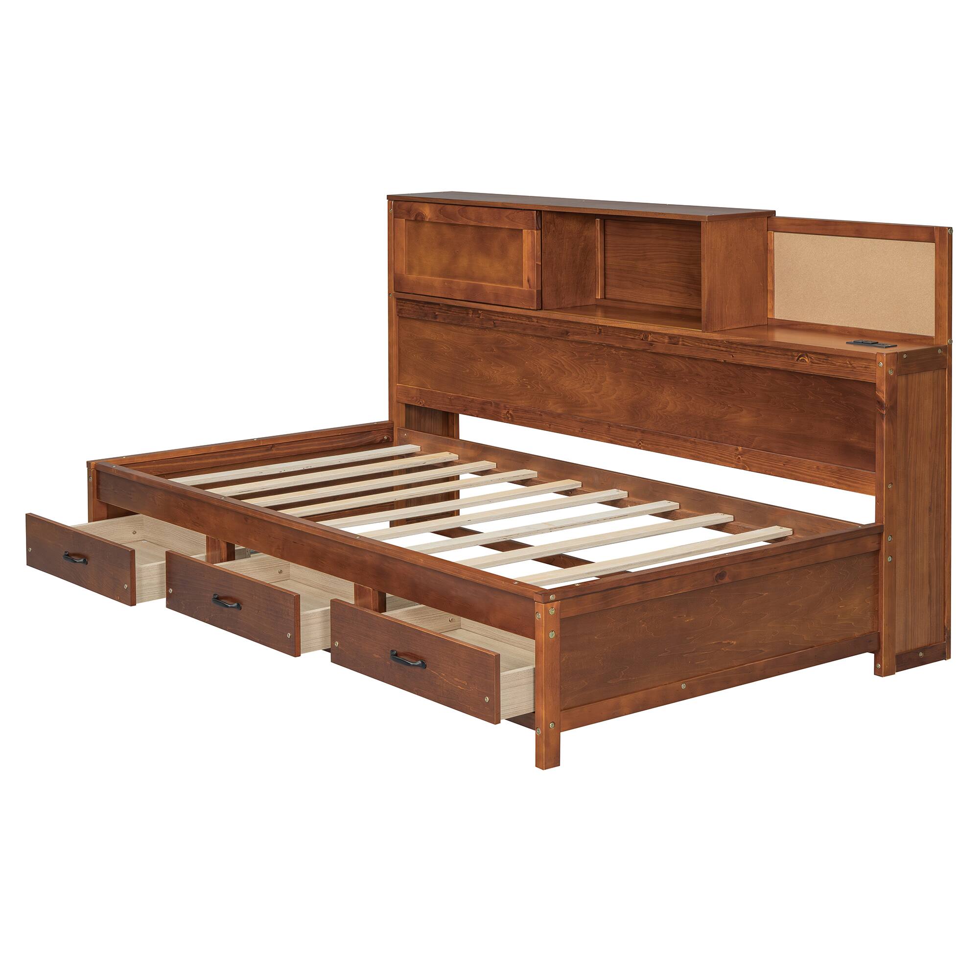 Alt View 5. Tiramisubest - Twin Size Wooden Daybed with 3 Storage Drawers, Upper Soft Board, shelf, and a set of Sockets and USB Ports, Walnut - Walnut.