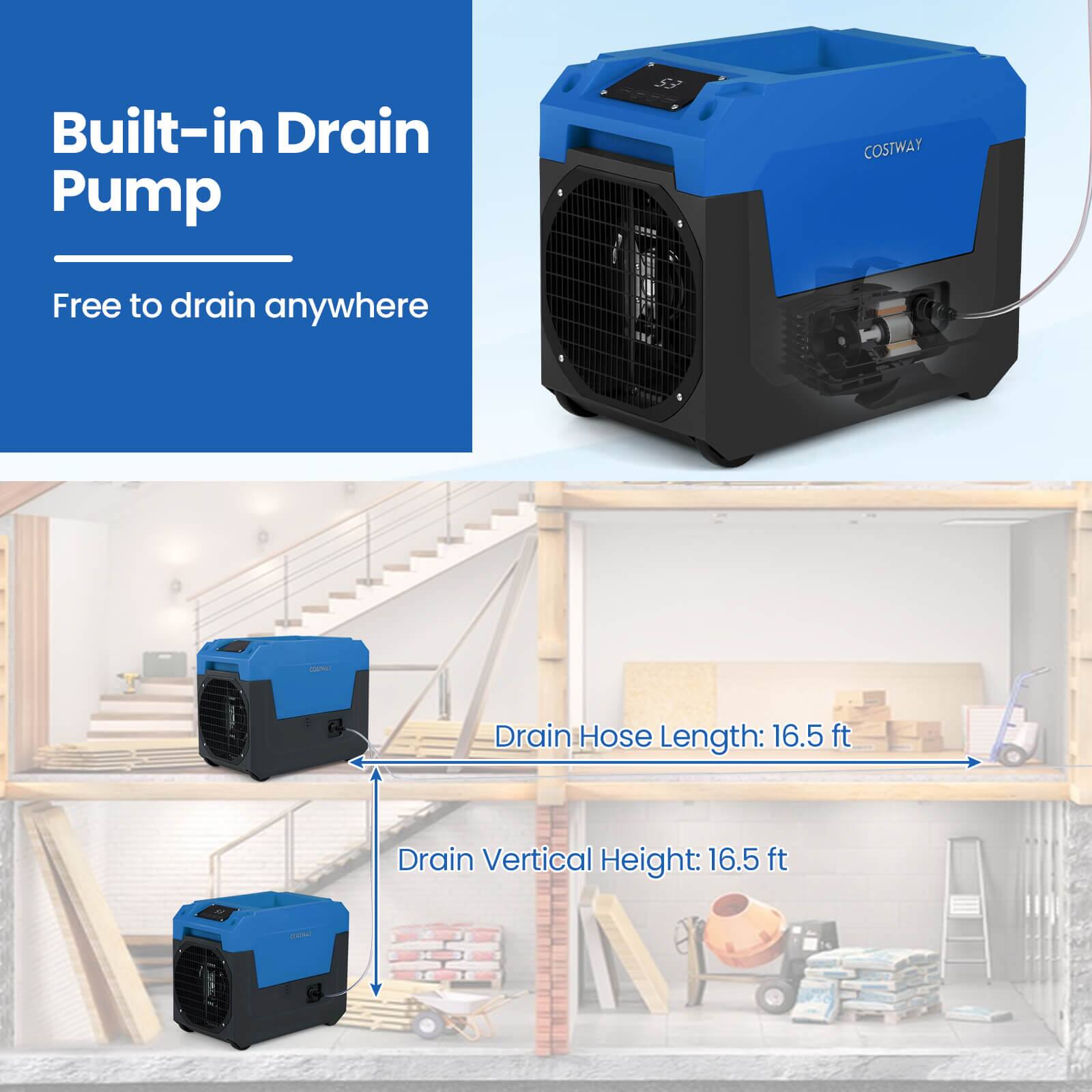 Built-in Drain Pump  
Free to drain anywhere  

COSTWAY  

Drain Hose Length: 16.5 ft  
Drain Vertical Height: 16.5 ft
