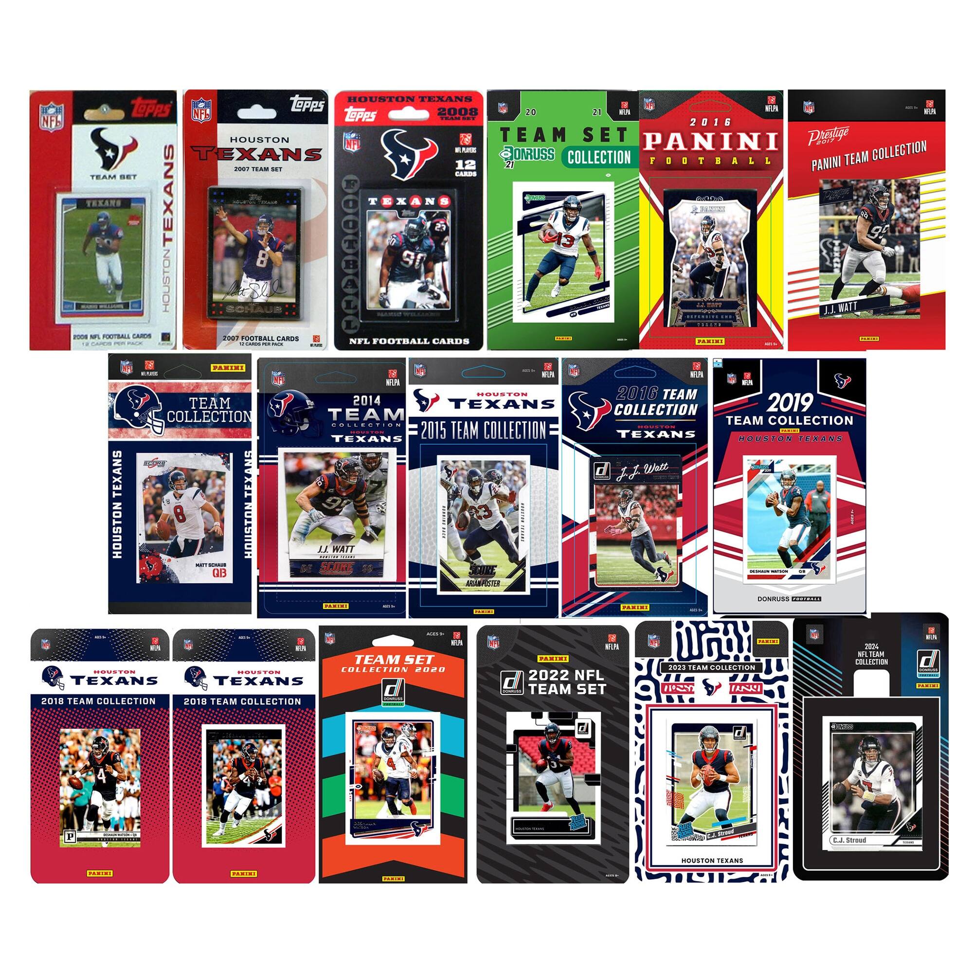 Here is the corrected and grouped text from the image:
---
**Topps**
- **2007 Team Set**
- Houston Texans
- 12 Cards
- **2014 Team Collection**
- Houston Texans
- **2015 Team Collection**
- Houston Texans
- **2016 Team Collection**
- Houston Texans
- **2018 Team Collection**
- Houston Texans
- **2019 Team Collection**
- Houston Texans
- **2020 Team Collection**
- Houston Texans
- **2022 NFL Team Set**
- Houston Texans
**Panini**
- **2015 Team Set**
- Houston Texans
- **2016 Team Collection**
- Houston Texans
- **2019 Team Collection**
- Houston Texans
- **2020 Team Set**
- Houston Texans
- **2022 NFL Team Set**
- Houston Texans
**Other**
- **2008 Team Set**
- Houston Texans
- **2010 Team Collection**
- Houston Texans
- **2011 Team Collection**
- Houston Texans
- **2012 Team Collection**
- Houston Texans
- **2013 Team Collection**
- Houston Texans
- **2014 Team Collection**
- Houston Texans
- **2015 Team Collection**
- Houston Texans
- **2016 Team Collection**
- Houston Texans
- **2017 Team Collection**
- Houston Texans
- **2018 Team Collection**
- Houston Texans
- **2019 Team Collection**
- Houston Texans
- **2020 Team Collection**
- Houston Texans
- **2021 Team Collection**
- Houston Texans
- **2022 NFL Team Set**
- Houston Texans
---
This text is organized by the brand and year, listing the team collections and sets for the Houston Texans.
