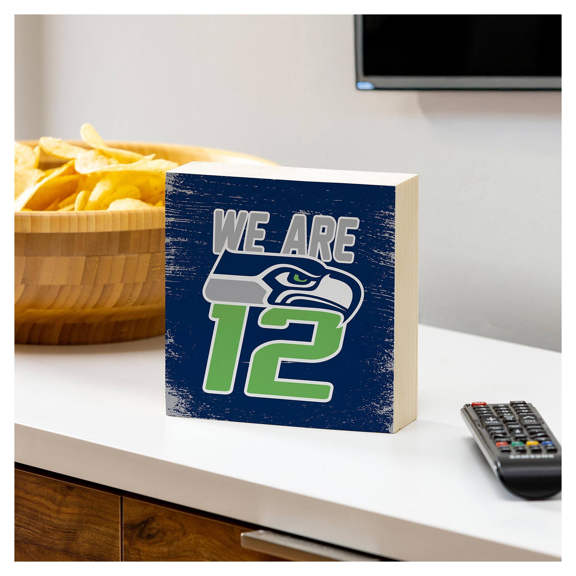Alt View 2. Evergreen Enterprises - Seattle Seahawks 6" Square Fan Chant Wood Block Shelf Sign - Multicolor.