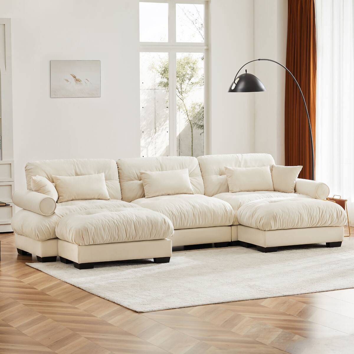 Angle. Ropilly - Ropilly U Shaped Sectional Sofa, Cream Velvet Modular Sectional Sofa with Two Movable Ottomans - Cream.