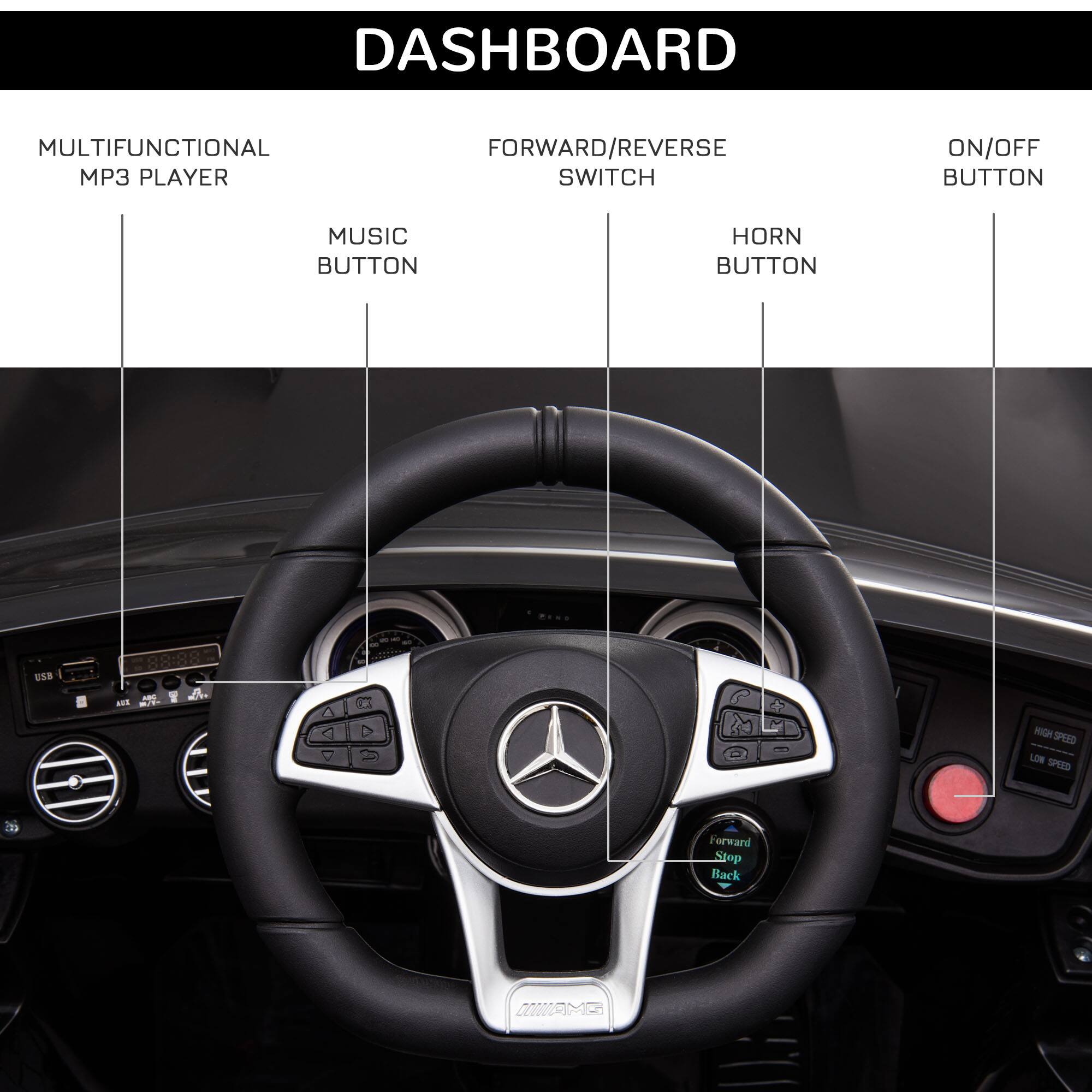 DASHBOARD

MULTIFUNCTIONAL MP3 PLAYER  
MUSIC BUTTON  
FORWARD/REVERSE SWITCH  
HORN BUTTON  
ON/OFF BUTTON  

Forward Stop Back  
HIGH SPEED LOW SPEED
