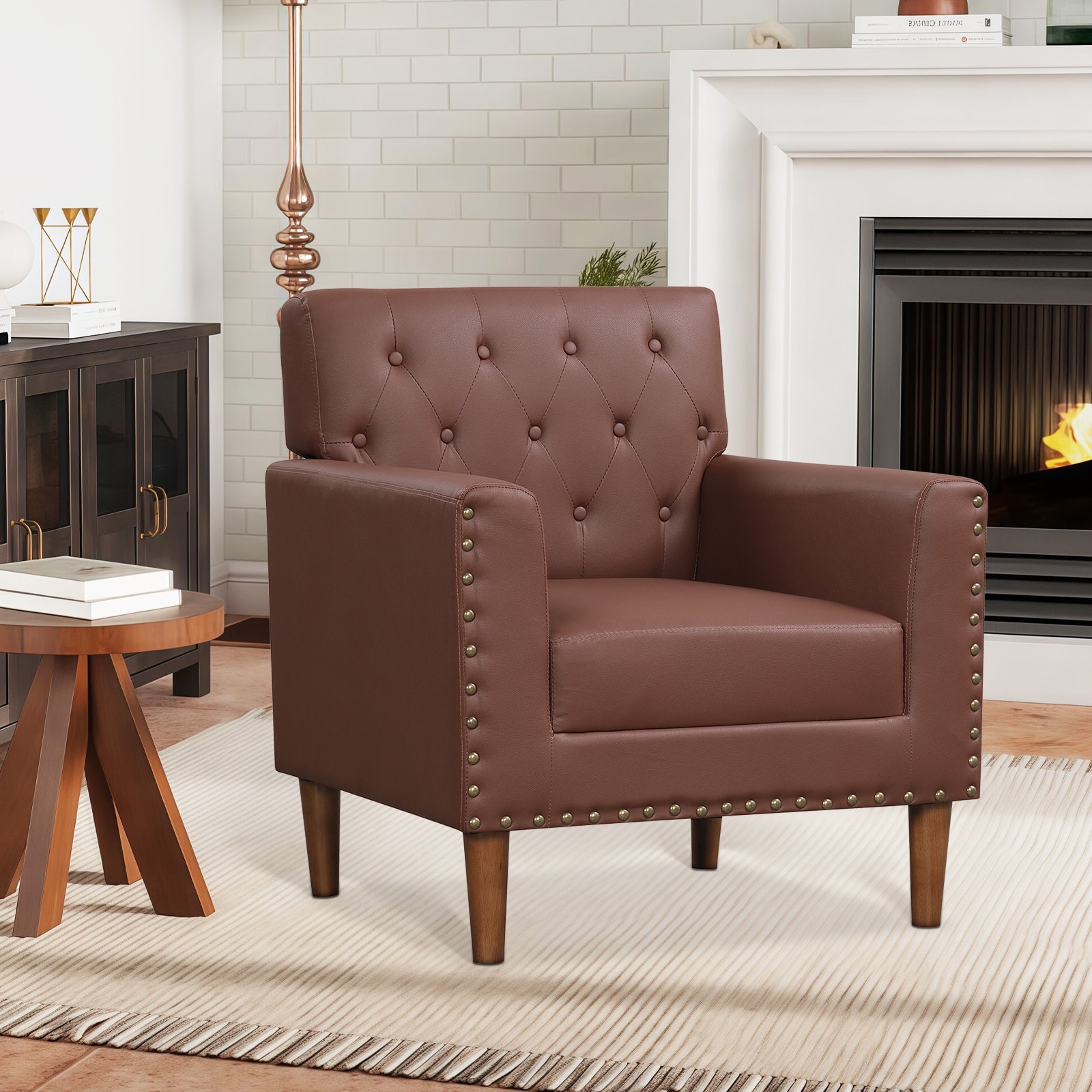 Gymax - Mid Century Modern Accent Chair w/Button Tufted Decoration Rivets Home Office Brown - Brown