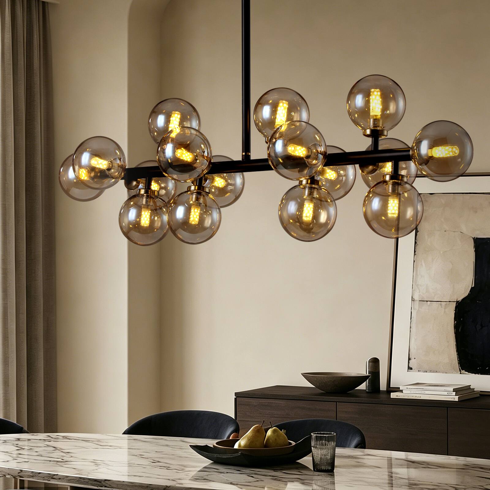 Angle. Siljoy - 39.4In Black Gold 16-Light Linear Sputnik Chandelier Adjustable Amber Glass Pendant for Dining Kitchen Living Room - amber.