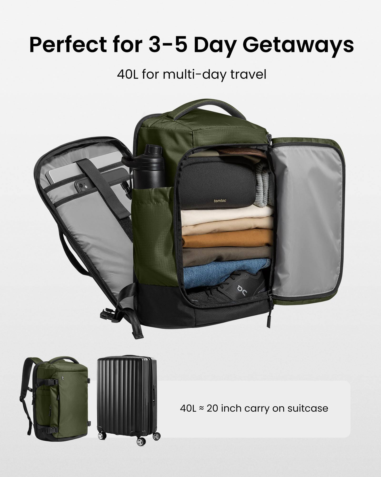 Perfect for 3-5 Day Getaways  
40L for multi-day travel  

tomtoc  

40L ~ 20 inch carry on suitcase