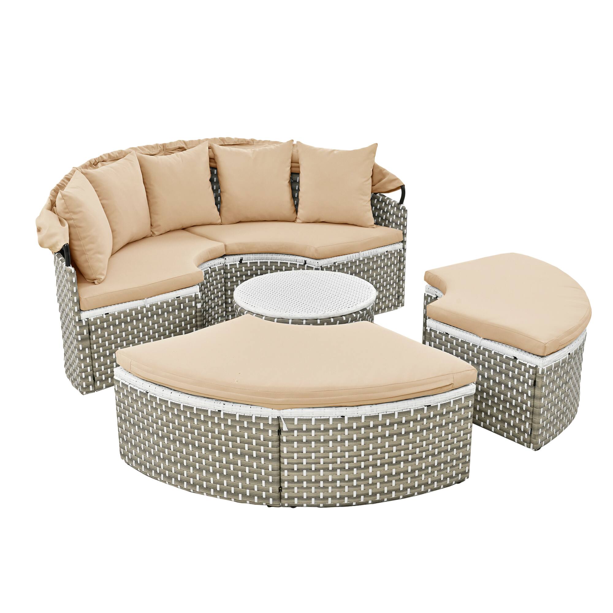 Alt View 8. Tiramisubest - Round Patio Sectional Rattan Daybed w/ Retractable Canopy,Two-Tone Weave,Separate Seating&Removable Cushion,Light Coffee - Light Coffee.